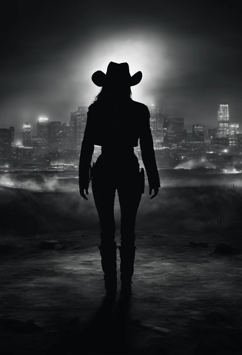 silhouette of cowgirl woman, full body, from behind, dramatic lights, black and white, realistic photography, cowgirl outfit, city background