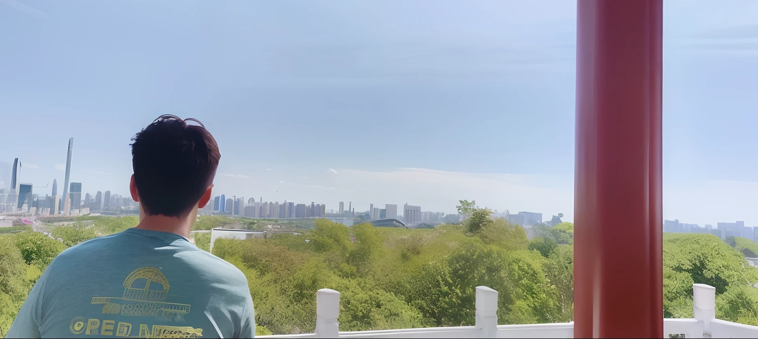 There was a man watching out the window, with the city as the background, entire city in view, chill time. Good view, Great view, very wide view, panoramic view of girl, visible from afar!!, overlooking a modern city, urban view in the distance, visto ao longe, 8 k''. filling of the view, looking over city