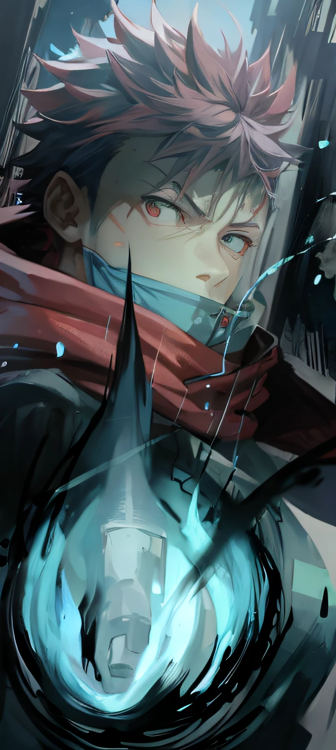 itadori yuji, jujutsu kaisen, blue power, serious , red scarf , pink hair, facil marks