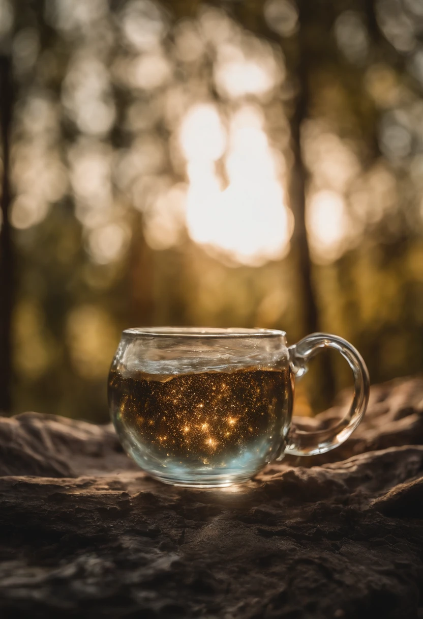 The entire universe is contained in a glass mug, ultrarrealista, ultra-detalhado, lighting dramatic, 4k, magica, fantasia, universo