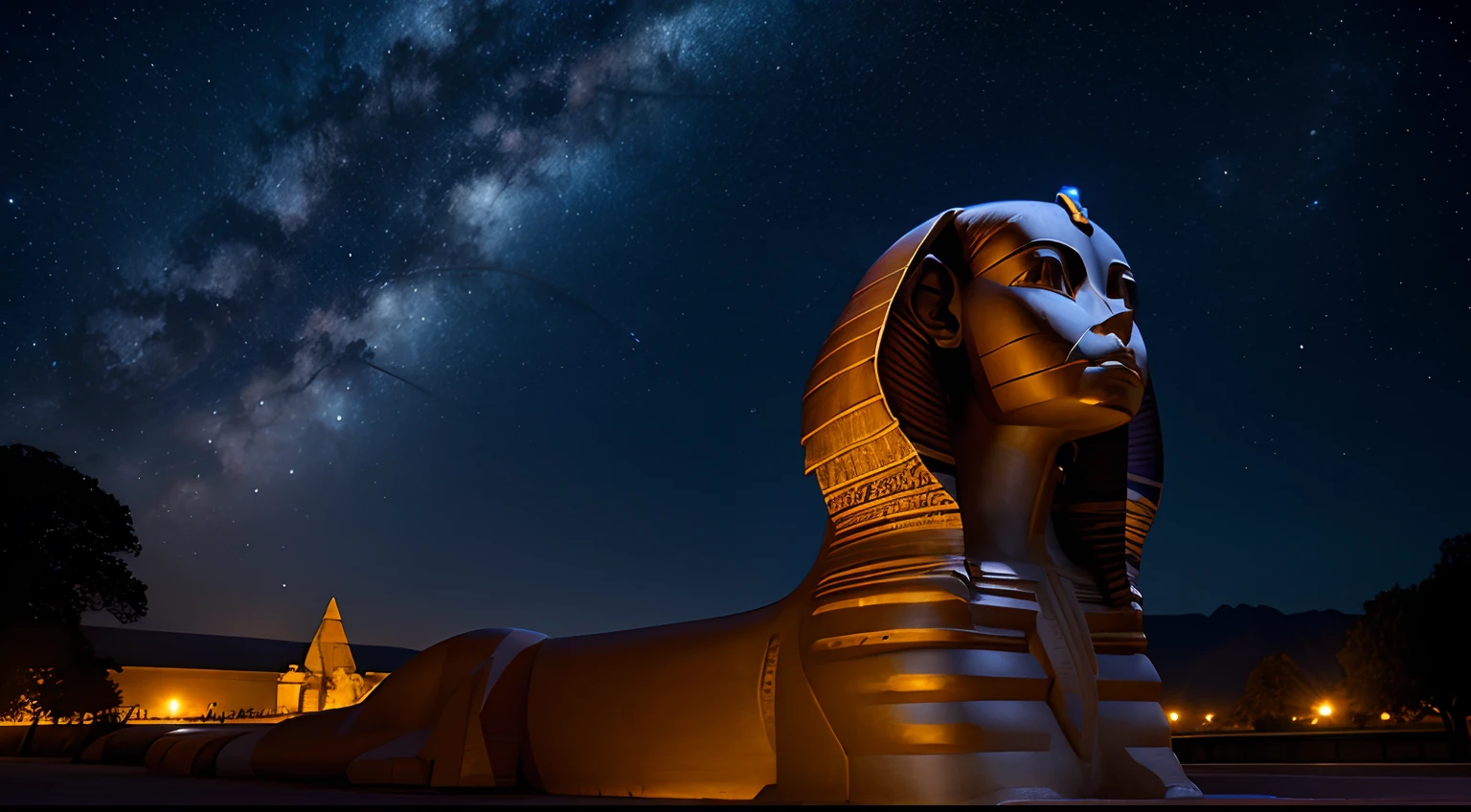 sphinx of Gizé, at night, with a starry sky, the moon in the background