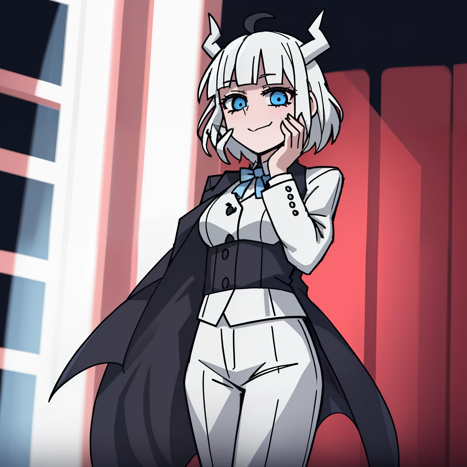 2d, tmasterpiece, Best quality at best, Very detailed eyes, very vey very detailed face, cowboy lens, The feet are outside the frame, 1girl, 独奏, standing on your feet, with black background, fundo vermelho, helltaker, azazel \(helltaker\), white  shirt, White pants,golden trim、、angelicales、brunette color hair、short detailed hair、white ribbons、shairband、Light blue eyes、looking at viewert、ssmile、with her mouth open、hand on own face、Looking directly at