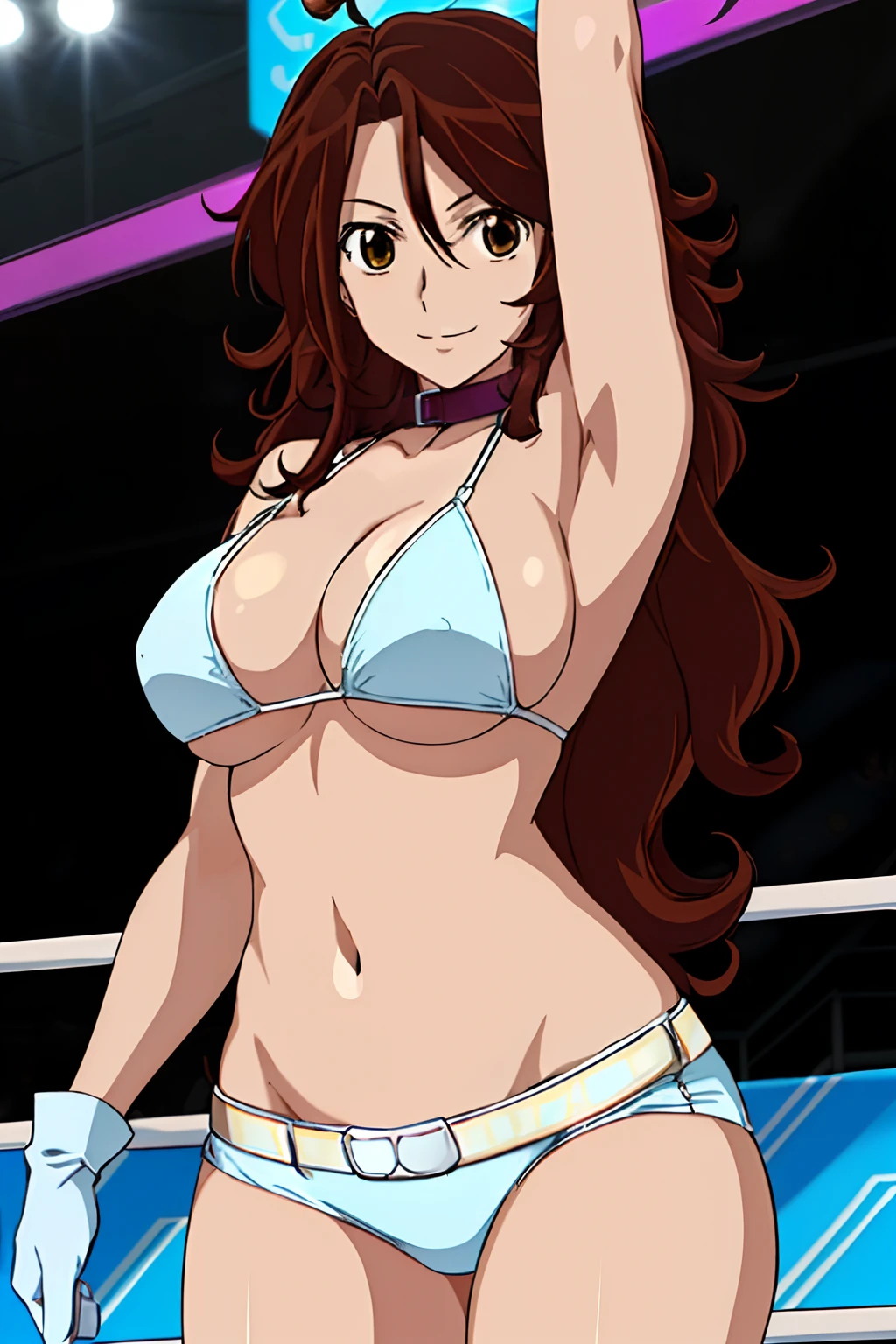 waving, nice body, , anime style: 1.8, anime drawing, ultra detailed face, ultra detailed body, , 4k, Sumergai Lee Noriega, (standing), best quality, anime style, hires, highest definition, digital blending, bold drawing lines, ((slim waist, female wrestler), (location: wrestling arena, crowds watching), ( slim body, athletic , little biceps, thighs, off-shoulders, (curvy: 6.8), lighting, spot lights, very shiny skin), ((white bikini, shorts, groin, , white gloves, collar, belt)), victorious, winner, , (very big round breasts, smile), (big eyes, brown eyes), (clapping), (brown hair, loose hair, curly hair, wavy hair, long hair, missy hair), 27 years old, (leaning)