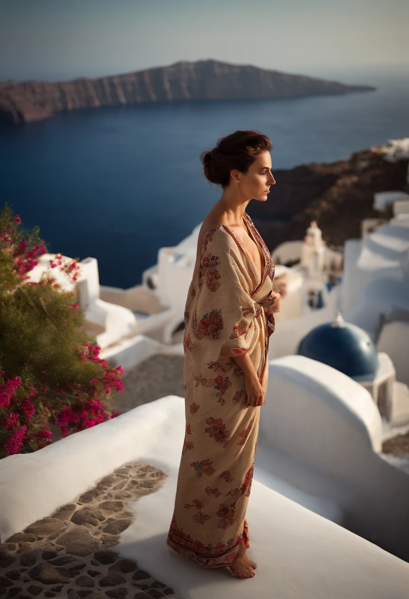 portrait of  brunette  woman, walking in Santorini, overlooking the picturesque caldera and volcanic islands, style by Flora Borsi, perfect haircut, Kimono and high-waisted pants,  by Annie Leibovitz, epic character composition,