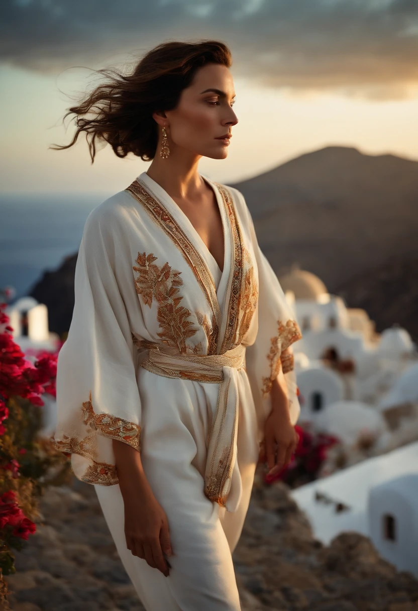 portrait of  brunette  woman, walking in Santorini, overlooking the picturesque caldera and volcanic islands, style by Flora Borsi, perfect haircut, Kimono and high-waisted pants,  by Annie Leibovitz, epic character composition,