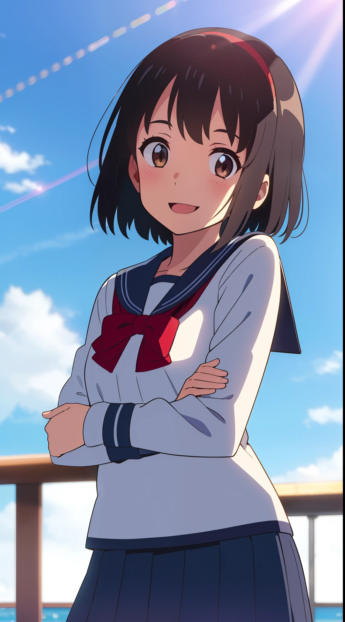 shinkai makoto, kimi no na wa., 1girl, bangs, black hair, blush, brown eyes, shiny skin, blue sailor collar, white sailor color, serafuku, blue skirt, plaid skirt, red bow, red ribbon, straw hat, short hair, smile, cute, solo, upper body, happy, summer beach, cloudy, blue sky, sunlight, lens_flare, bright, Splash