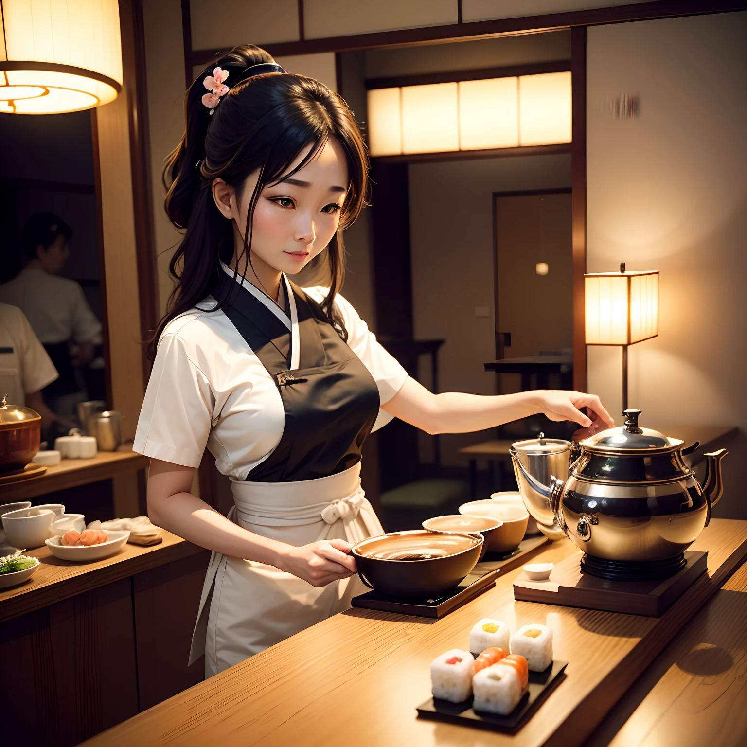 A Japanese hotel with sushi style. A beautiful lady serving coffee at the table. Real photo effect