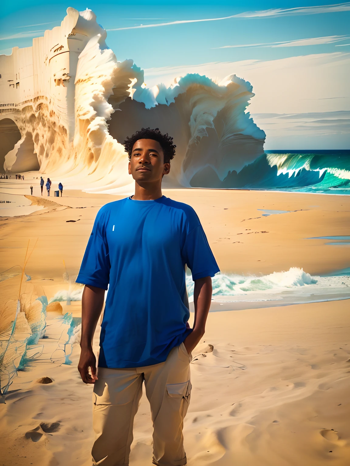 arafed man standing on a beach with a blue shirt on, standing at the beach, posing on a beach with the ocean, the ocean in the background, standing near the beach, at a beach, ocean in the background, standing beside the ocean, standing in sand, background is heavenly, in a beachfront environment, dunes in the background, in the beach