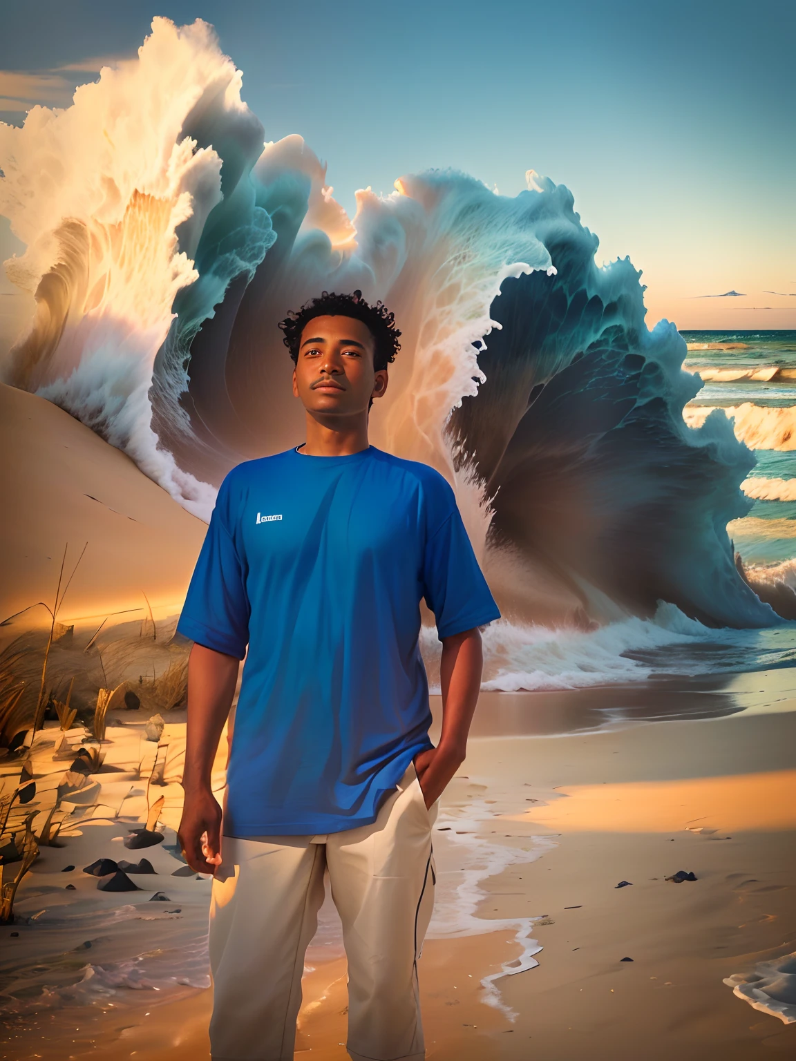 arafed man standing on a beach with a blue shirt on, standing at the beach, posing on a beach with the ocean, the ocean in the background, standing near the beach, at a beach, ocean in the background, standing beside the ocean, standing in sand, background is heavenly, in a beachfront environment, dunes in the background, in the beach