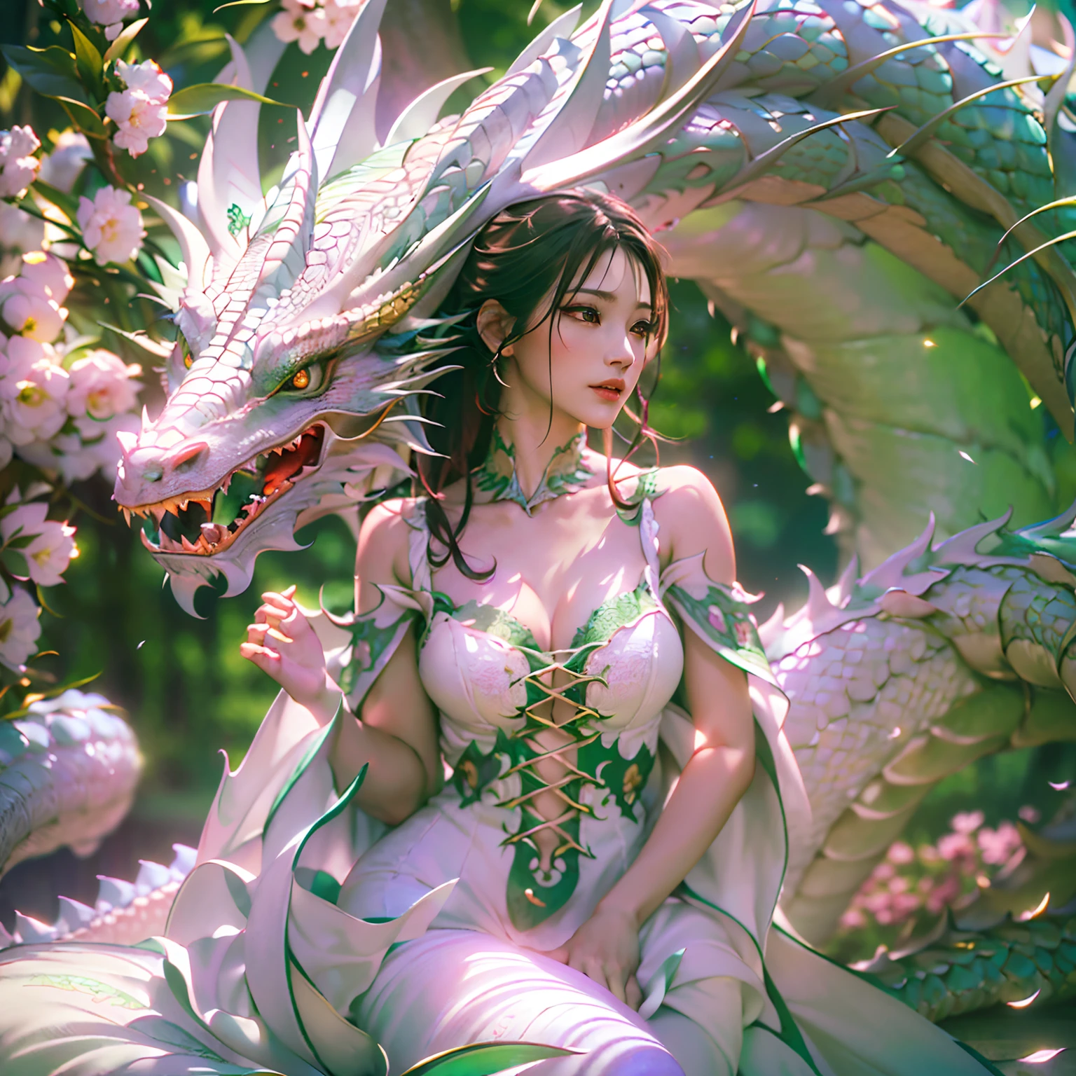 dragon_real,(extremely detailed CG unity 8k wallpaper,masterpiece, best quality, ultra-detailed, beautiful detailed eyes:1.2),best illumination, (best shadow, an extremely delicate and beautiful, bloom),the girl was surrounded by dragons, (1girl:1.4),breasts, solo,full body,Back tattoo,white dress,(color dragon:1.4),Bare leg,long dress,