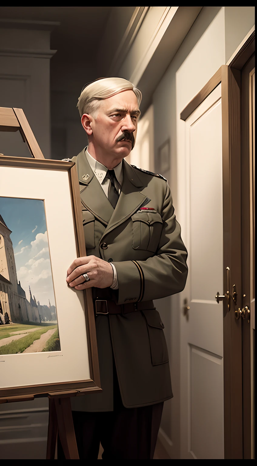 Illustrate a 9:16 image showcasing Hitler's artistic endeavors, with a classic cinematic touch, emphasizing his passion for painting