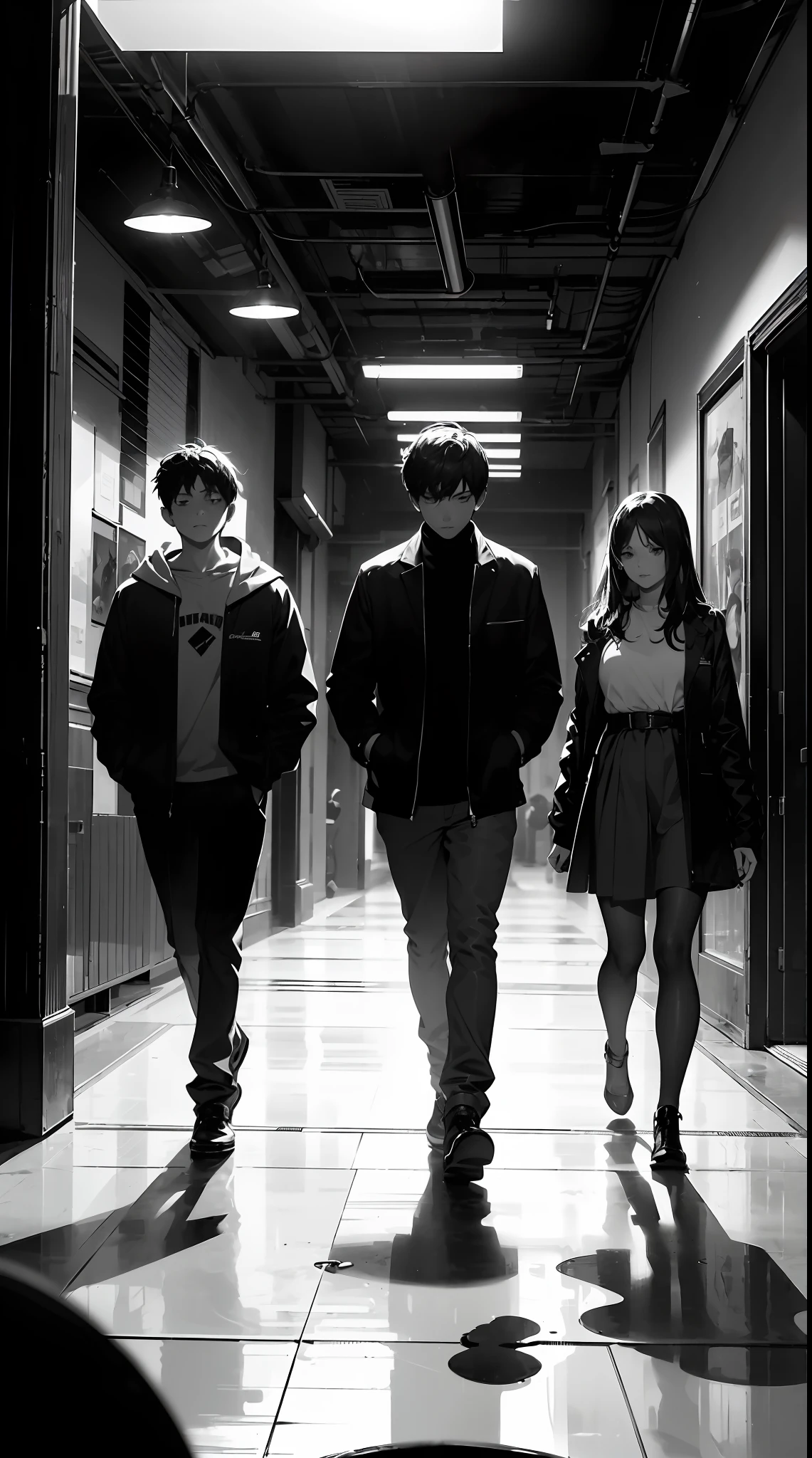 One groups of student consisting of 3 boys and 3 girls, (masterpiece:1.4), dark story. Depicting a monochromatic world that uses only black, white, and gray shades to convey depth, emotion, and compelling visual impact, super detailed