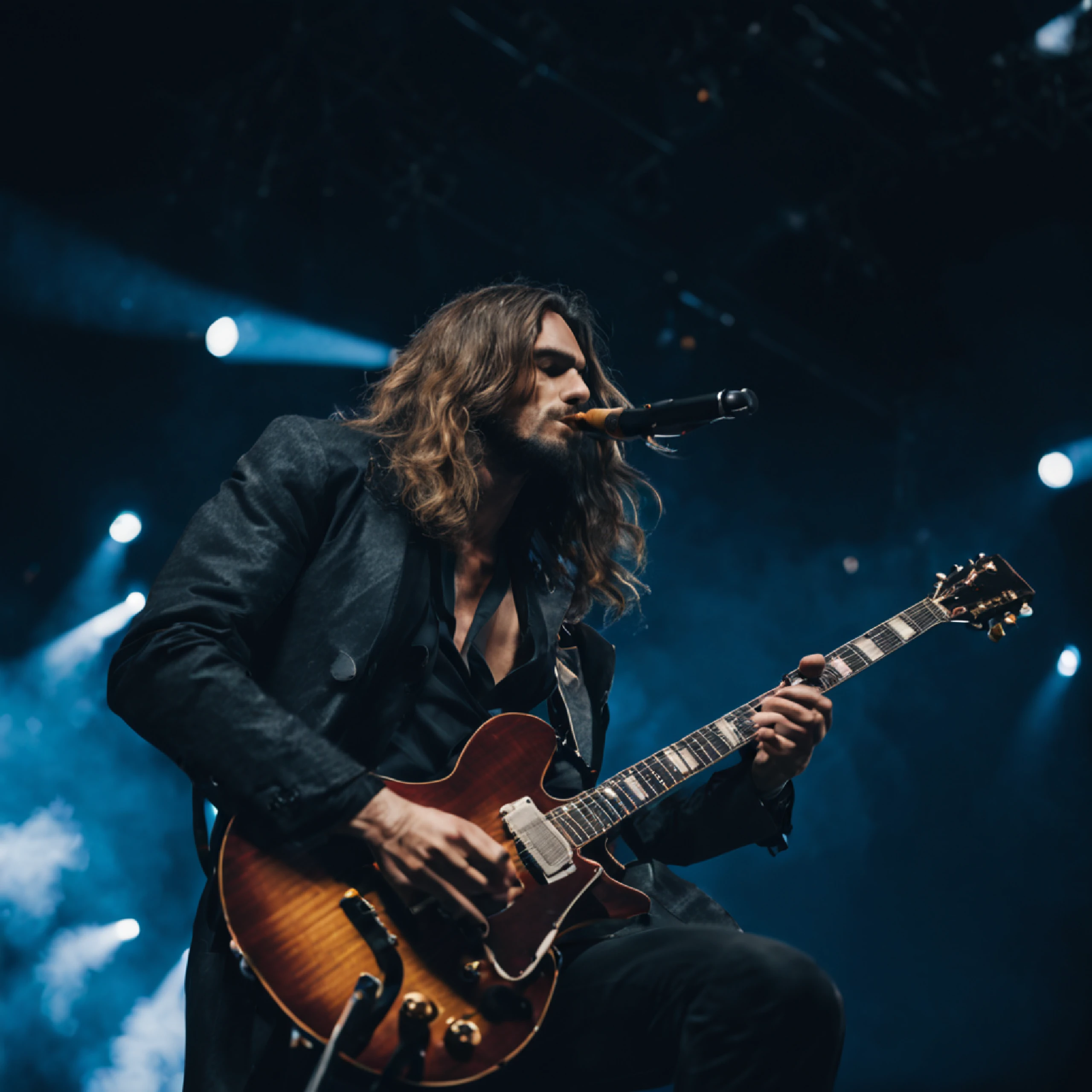 A handsome man with medium long hair, smoking a cigarette while doing a guitar solo on a stage, 8k quality
