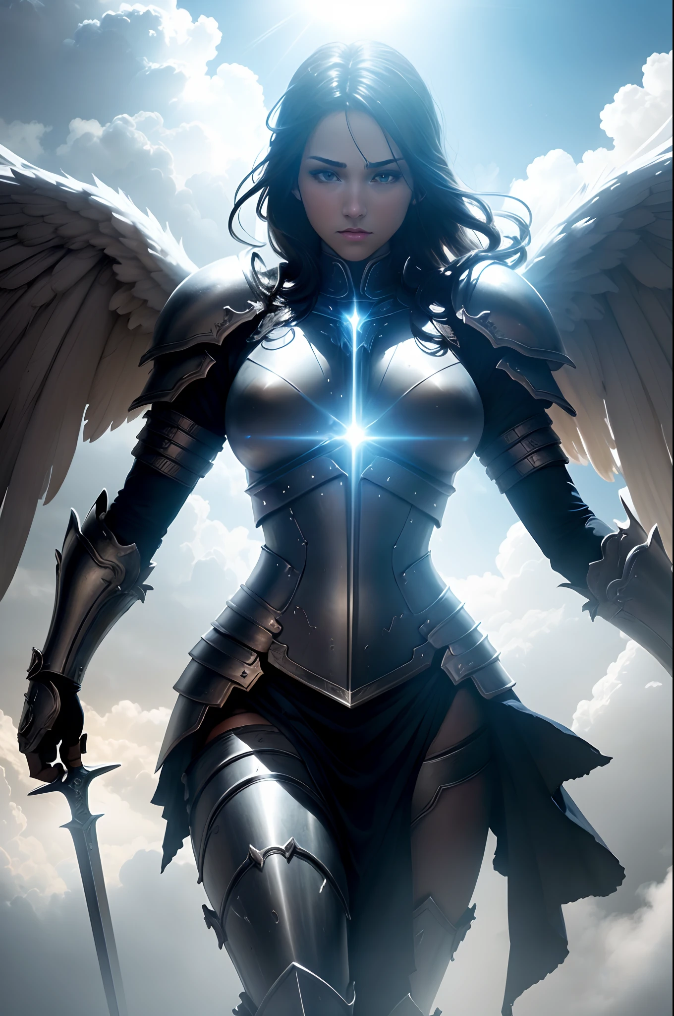 (4K, Cinematic Light Effects,) Sky, Mighty Angel (suspended in the air, three pairs of huge wings: 1.3), Armor, Great Sword, Battle Stance, Cloudy Sky, Sunlight Shining Through the Gap in the Clouds, Fog, --auto