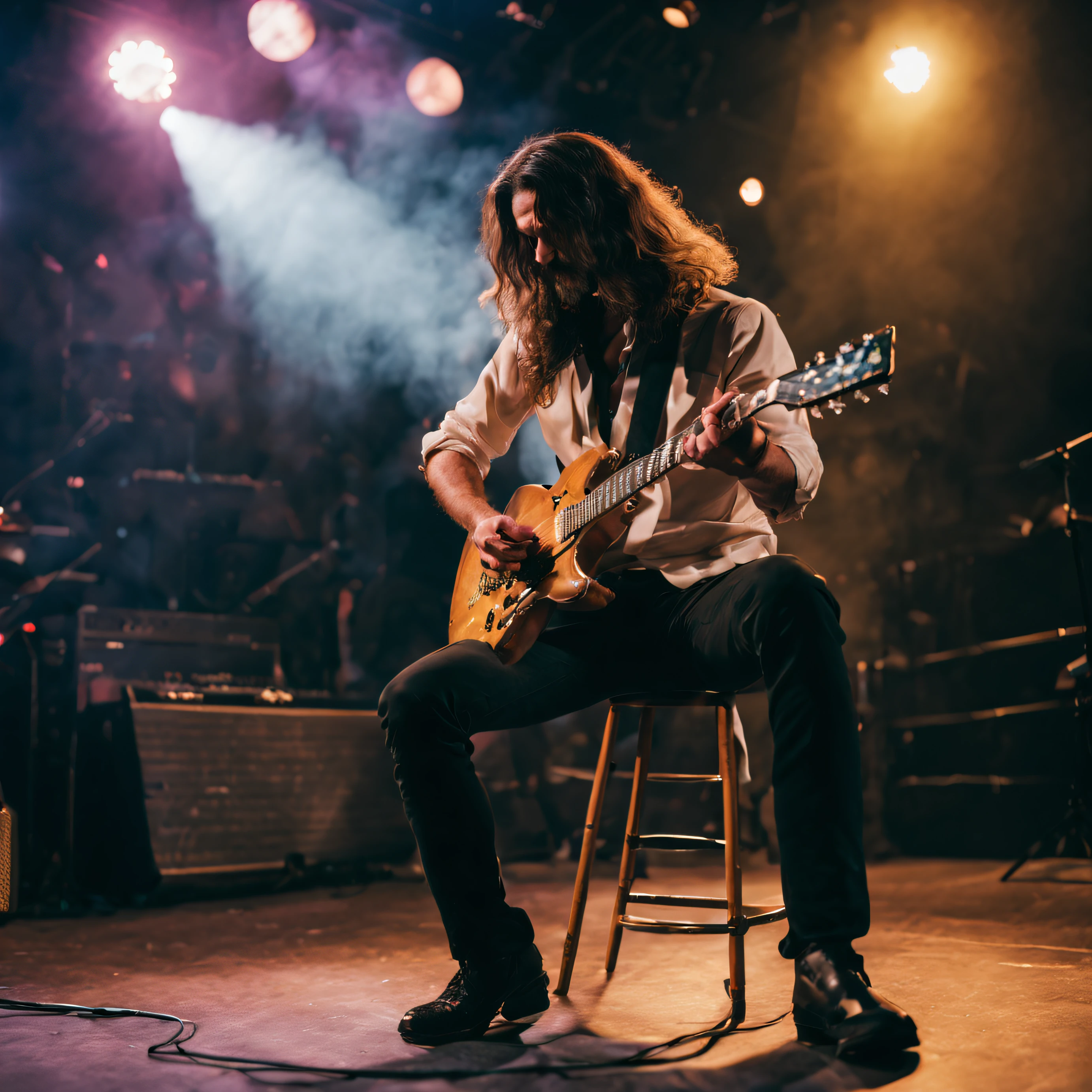 A handsome man with medium long hair, smoking a cigarette while doing a guitar solo on a stage, 8k quality