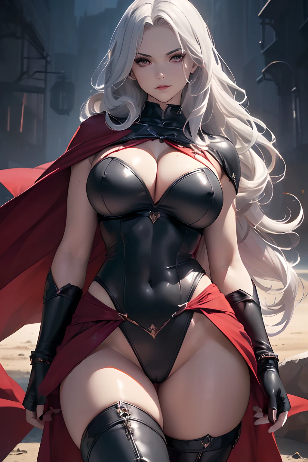 ((masterpiece, best quality, cinematic, photorealistic, ultra-detailed)), ((medium shot)), ((alluring girl)), ((voluptuous body, perfect anatomy, sexy body)), ((large cleavage, long round legs)), ((Lady Death, a fictional character originating from Chaos Comics)), ((depicted with an otherworldly presence characterized by extremely pale skin and loose waves silver hair)), ((clad in revealing or dark-themed 2-piece attire)), ((thigh-high boots and red capes)), ((sensual pose)), ((dynamic background)), ((human skulls on the ground))