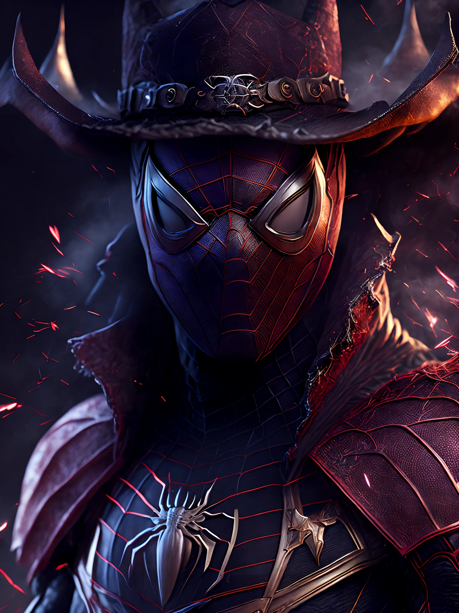 Close-up ( Spiderman from Marvel as a cowboy in Goth style: 1.3) emerging from the cowboys land, extremely detailed, smoke, sparks, metal shavings, flying debris, volumetric light