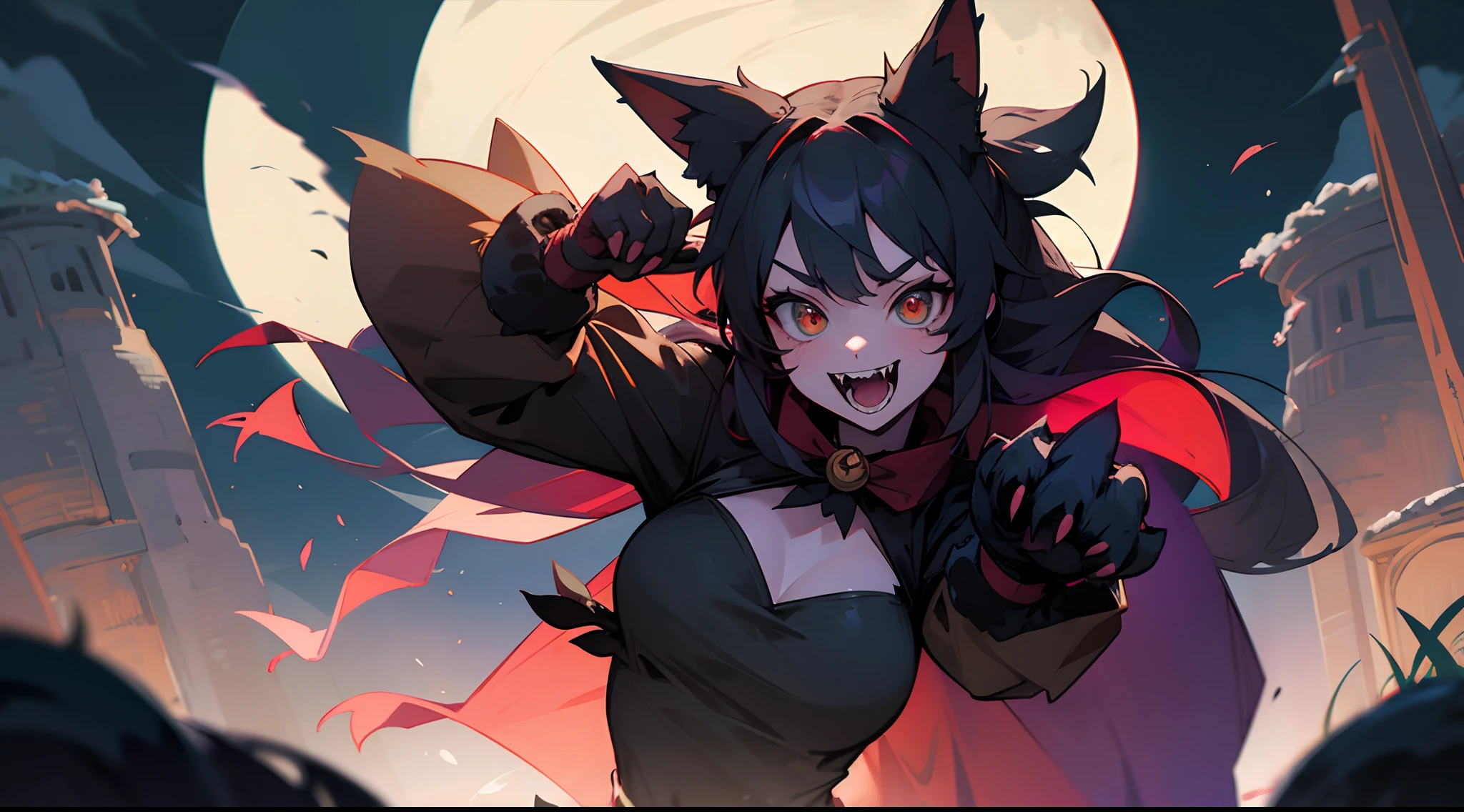 1girl, (werewolf costume), fake animal ears, fangs, paw gloves, halloween, outdoors, dark forest, ((moon))