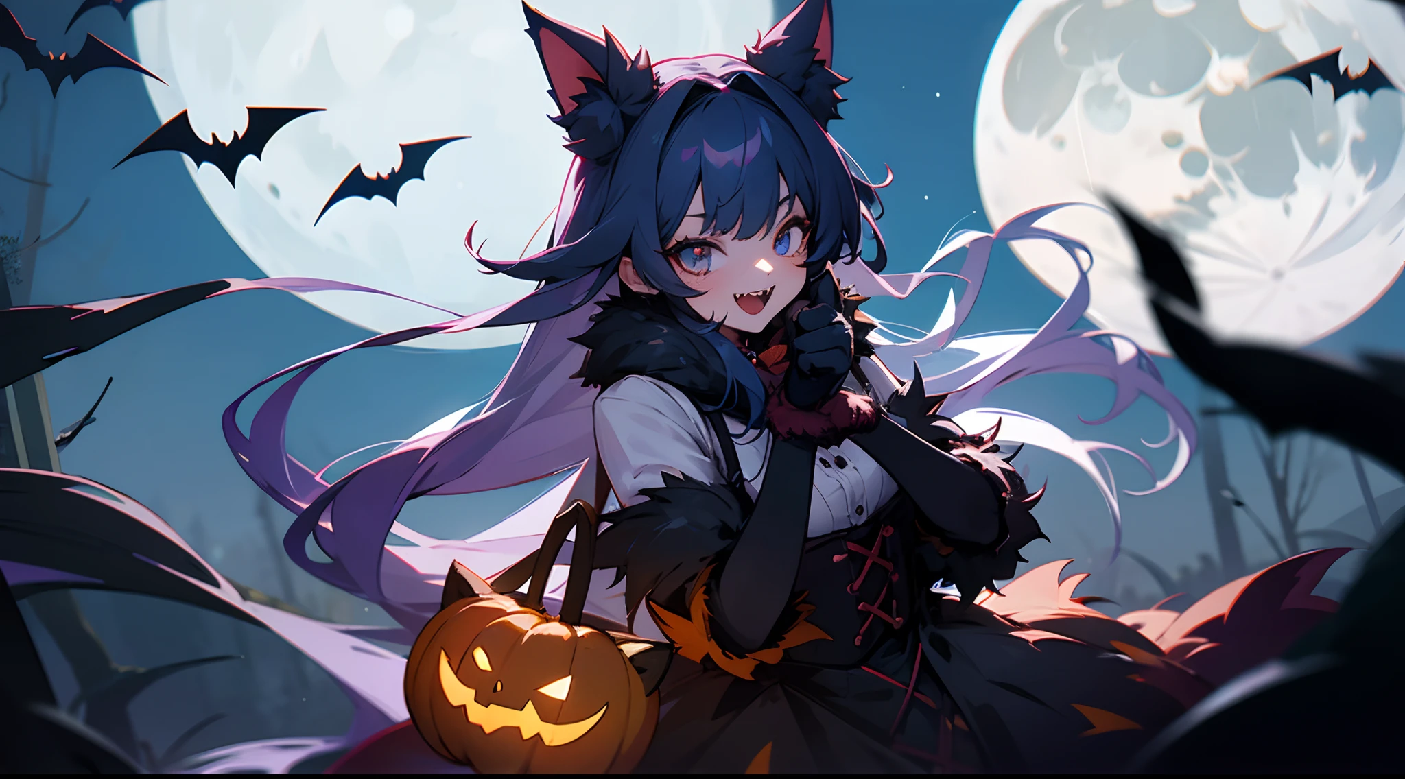 (((Portrait, the bats, pumpkins))), (((Halloween Orange Pumpkin Costume))), The presence of bat wings on the back, Listen to pumpkin accessories, trick or treat, candies, High quality, Super Detail Art, 4K, masutepiece, Solo, ((Black furry)), Looking at Viewer, Wolf ears, Bangs, Upper body, animal ear fluff, Open mouth, Purple eyes, body fur, Smile, medium breasts, animal snout, Dark skin, dark skinned female, blazing, Night, ((multicolored hair, black and purple hair)), Bangs, hair between eye,