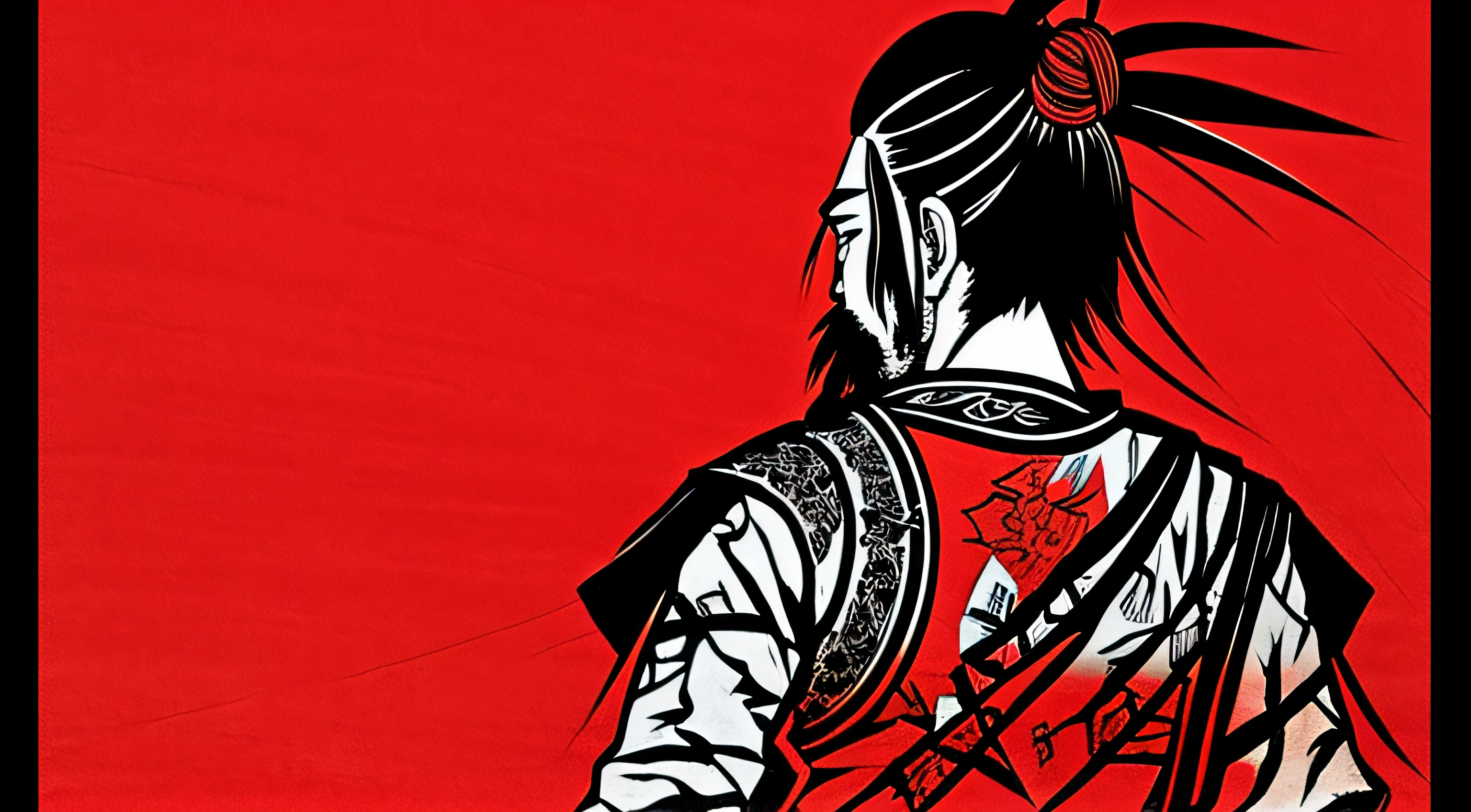 Miyamoto Musashi from the back, manga style drawing with visible ink lines, red background