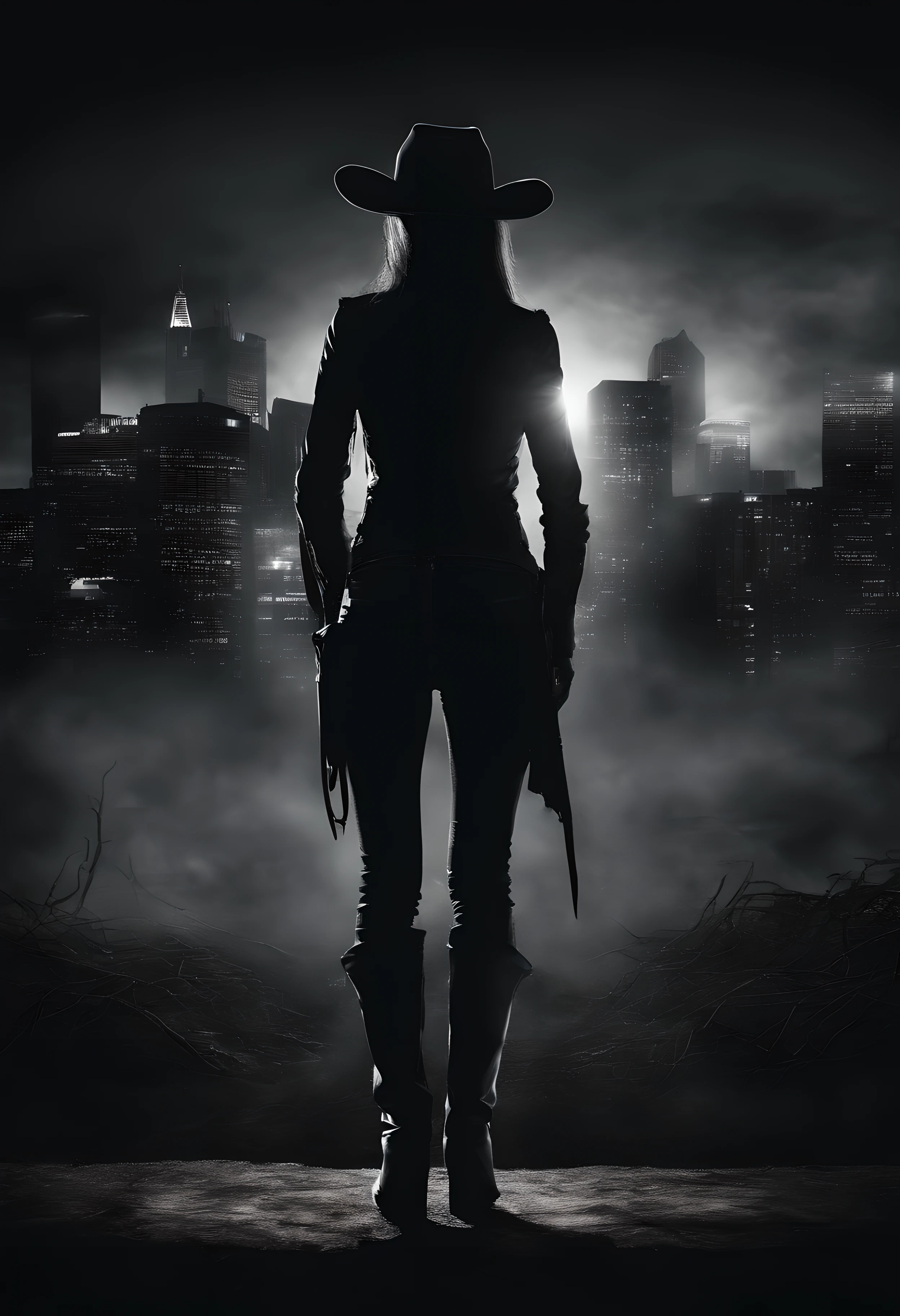 silhouette of cowgirl woman, full body, from behind, dramatic lights, black and white, realistic photography, cowgirl outfit, city background