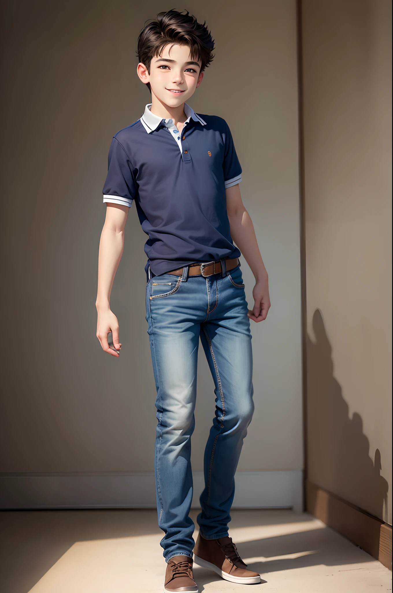 Arafed young boy in a blue polo shirt and jeans standing in a room ...
