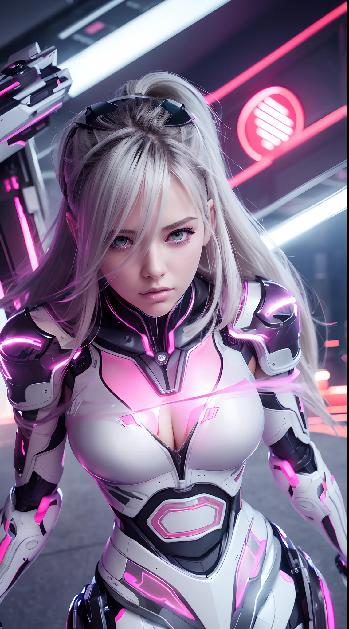 (Best quality,4K,8K,A high resolution,Masterpiece:1.2),Ultra-detailed,(Realistic,Photorealistic,photo-realistic:1.37),Girl,Mecha,White hair,pink armor,Beautiful detailed eyes,beautiful detailed lips,Extremely detailed eyes and face,Long eyelashes,Futuristic,Shiny metal,High-tech,Slim figure,Confident posture,In action,Fierce expression,Glowing energy core,Mechanical joints,Urban background,Neon lights,Vivid colors,Digital painting,Sci-fi,Anime style,soft and muted colors,Bright highlights,Subtle shadows,Studio lighting