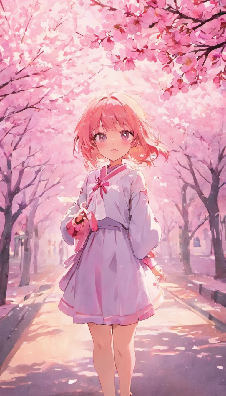 A girl one finger day,Under the cherry blossom trees,Fluttering cherry blossoms,low-saturation,pale-blue( reasonable design, Clear lines, High sharpness,Best quality, Very detailed, Masterpiece, movie light effect, 4K )