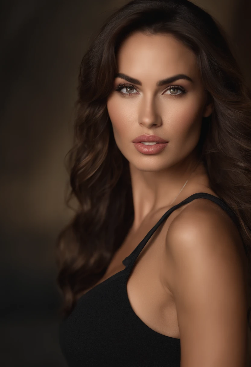 professionnel, (Photo 4K:1.1)  (mise au point nette:1.3), High detail, Porter (Chemise moulante:1.2), beautifull detailed face, hispanique, An attractive woman with long brown hair looks at the camera, resembling actress Megan Fox, Panasonic Lumix S Pro 50mm F/1.4, , photo realist, (attractive young woman:1.3), (Seductive:1.1), (rougissant:1.1), Forme du corps du sablier, Gros seins ronds, T-top