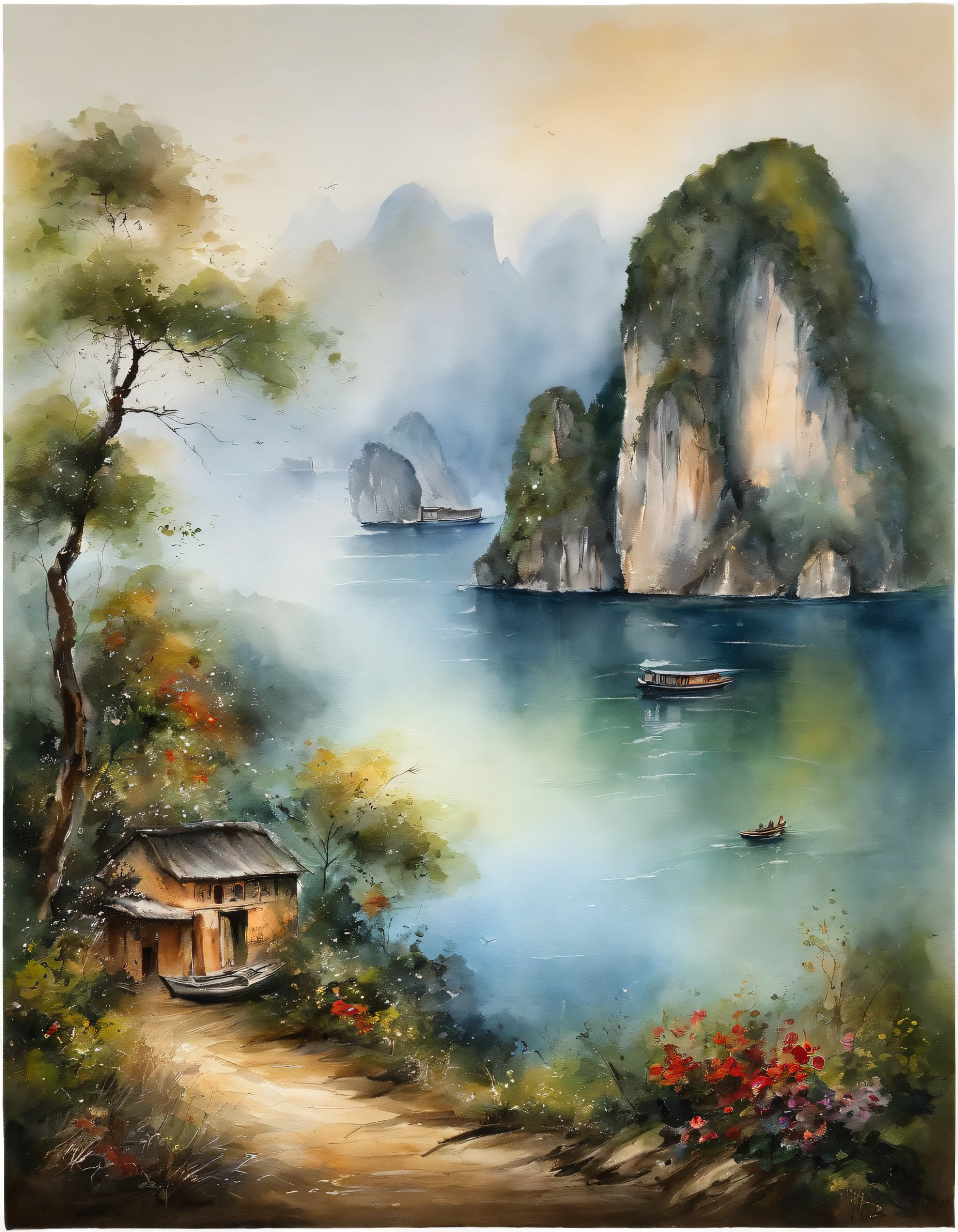 Landschaftsmalerei,Tusche- und Aquarellmalerei,Wassertinte,Tinte,Schmutzfleck,Blick in die Ferne,,übergenau,Blick in die Ferne,übergenau,Schmutzfleck,low saturation,Geringer Kontrast,Landschaft von (Ha Long Bay). The light boat has crossed the Ten Thousand Heavy Mountains,Beautifully depicted,Eine detaillierte,Precise,Werke von Meistern,tmasterpiece