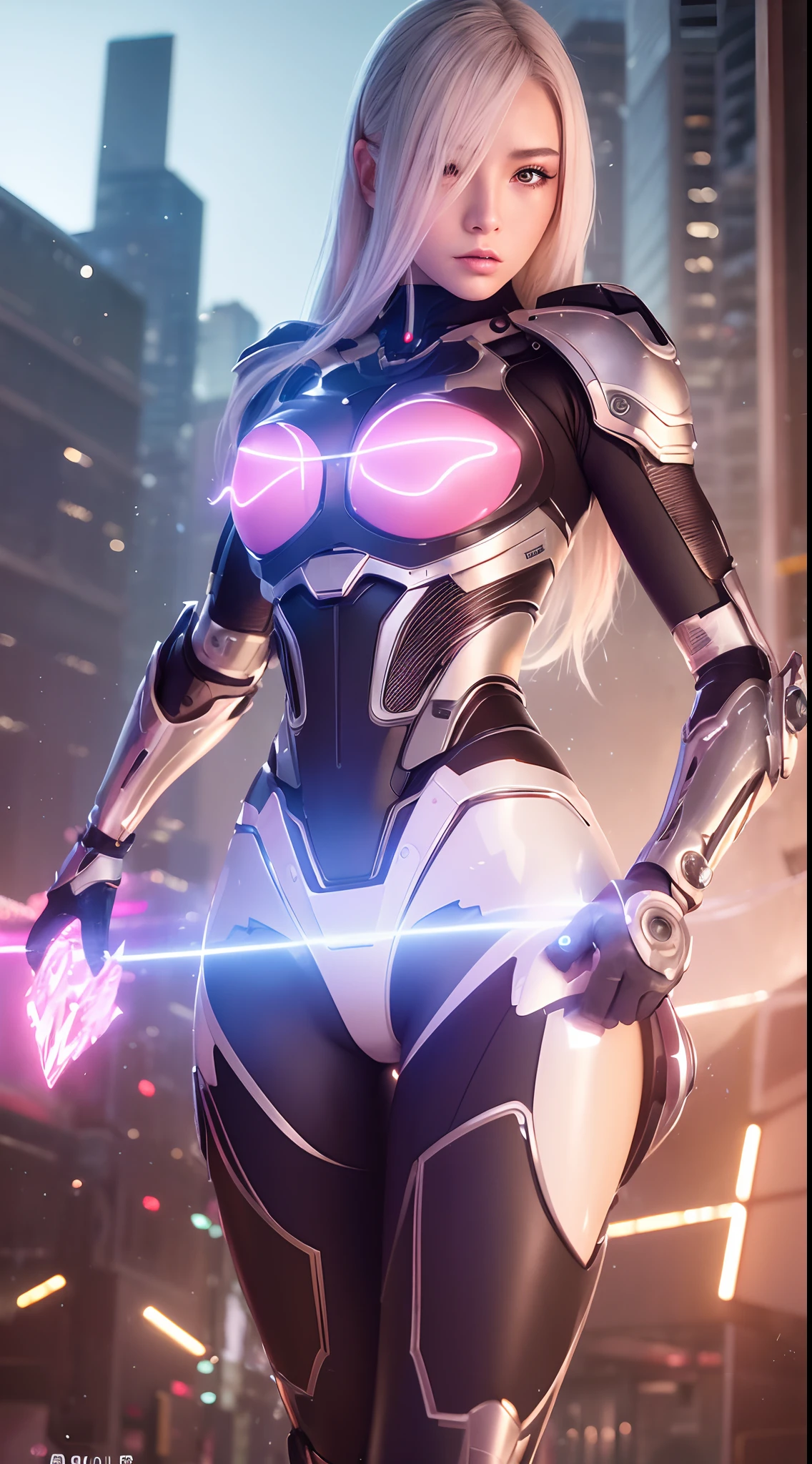 (Best quality,4K,8K,A high resolution,Masterpiece:1.2),Ultra-detailed,(Realistic,Photorealistic,photo-realistic:1.37),Girl,Mecha,White hair,pink armor,Beautiful detailed eyes,beautiful detailed lips,Extremely detailed eyes and face,Long eyelashes,Futuristic,Shiny metal,High-tech,Slim figure,Confident posture,In action,Fierce expression,Glowing energy core,Mechanical joints,Urban background,Neon lights,Vivid colors,Digital painting,Sci-fi,Anime style,soft and muted colors,Bright highlights,Subtle shadows,Studio lighting