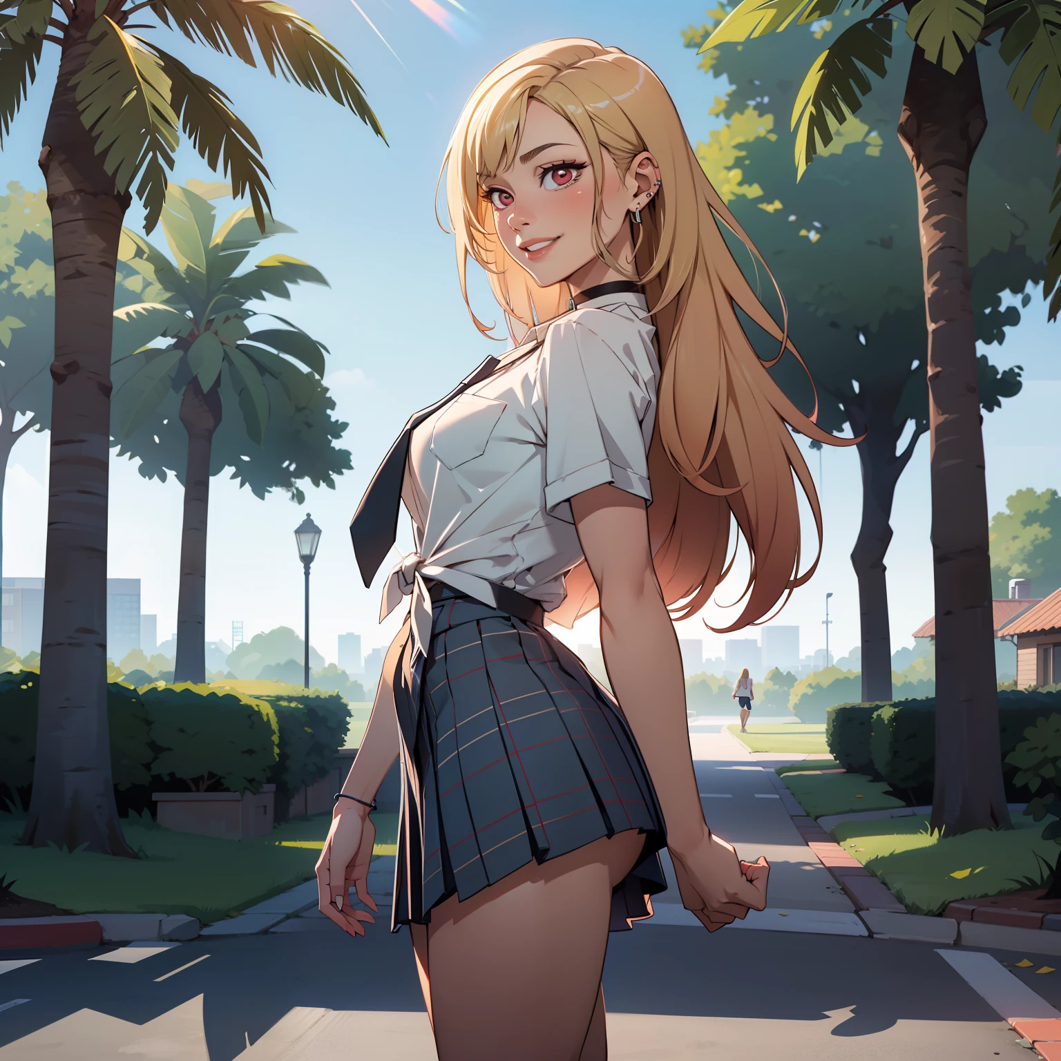 Hyper realistic super detailed sexy woman, Une fille confiante, NSFW (en anglais seulement), Very detailed, expressions faciales sexy, seductive facial expressions, [:(Face detail: 1.4): 0.4], 16K resolution, 4k resolution, dinamic lighting, High definition resolution, (sexy pose, Attractive position), (hyper realistic: 1.4), (back light: 1.2), (sun light: 1), (pleine hauteur: 1.8),(contrasting background: 1.5), (Anatomy of the hyperrealistic arm), (Hyperrealistic leg anatomy), (peau propre), (lighting cinematic: 1.7), (intime), (Technologie NVIDIA RTX Ray Tracing), (Anatomy of the hyperrealistic arm: 2), (Ventre plat parfait), (image couleur), masterpiece, best quality, highres, kitagawa marin, 1girl, blonde hair, long hair, multicolored hair, red eyes, jewelry, earrings, piercing, school uniform, white shirt, tied shirt, black choker, blue necktie, plaid skirt, grin, smile, standing, cowboy shot, outdoors,