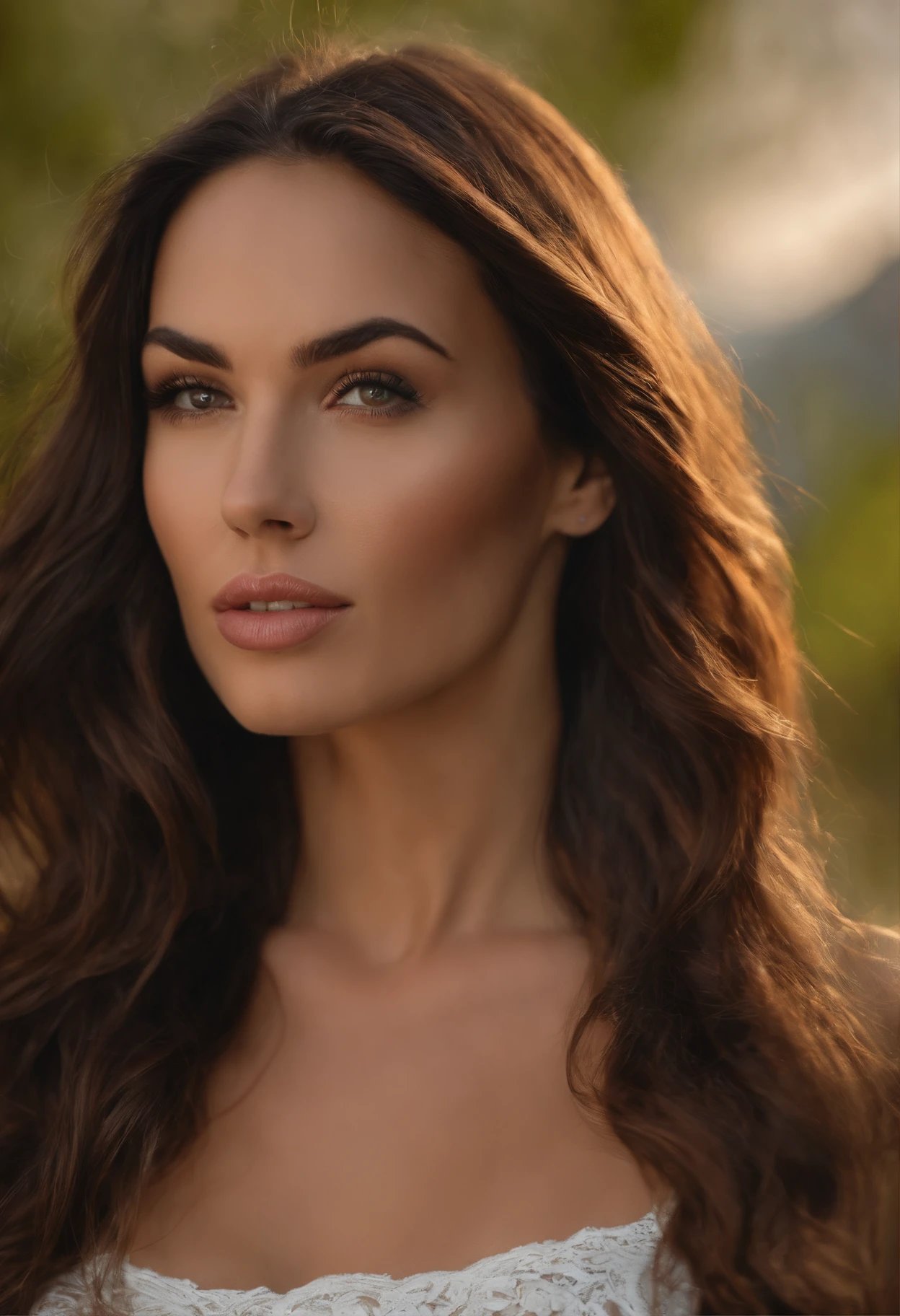professionnel, (Photo 4K:1.1) (mise au point nette:1.3), High detail, Porter (Chemise moulante:1.2), beautifull detailed face, hispanique, An attractive woman with long brown hair looks at the camera, resembling actress Megan Fox, Panasonic Lumix S Pro 50mm F/1.4, , photo realist, (attractive young woman:1.3), (Seductive:1.1), (rougissant:1.1), Forme du corps du sablier, Gros seins ronds, T-top