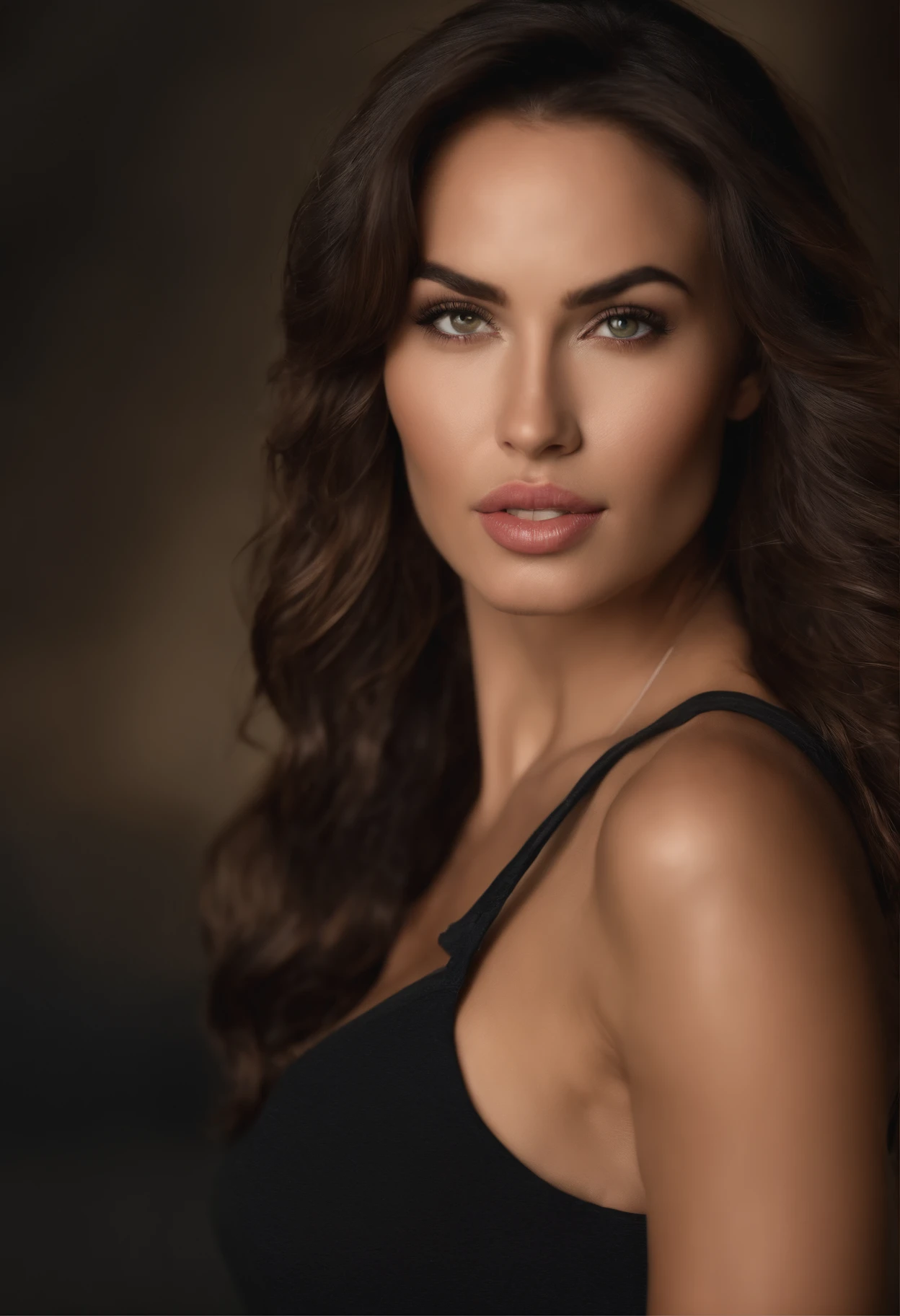 professionnel, (Photo 4K:1.1) (mise au point nette:1.3), High detail, Porter (Chemise moulante:1.2), beautifull detailed face, hispanique, An attractive woman with long brown hair looks at the camera, resembling actress Megan Fox, Panasonic Lumix S Pro 50mm F/1.4, , photo realist, (attractive young woman:1.3), (Seductive:1.1), (rougissant:1.1), Forme du corps du sablier, Gros seins ronds, T-top
