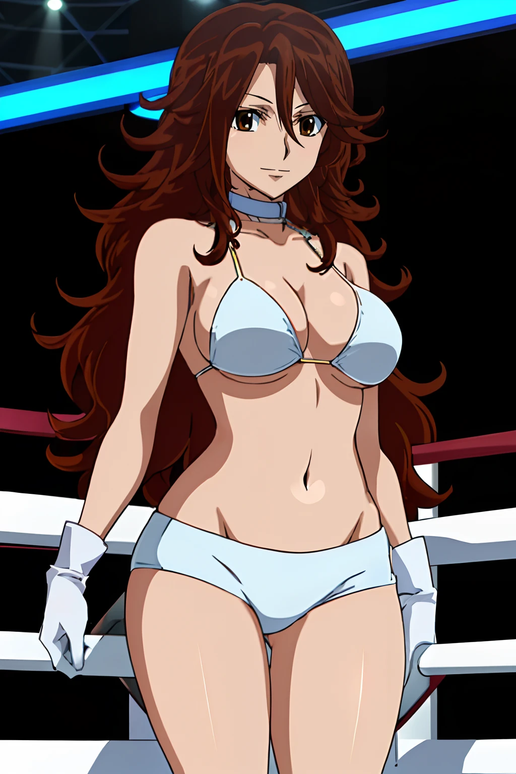 jumping, nice body, , anime style: 1.8, anime drawing, ultra detailed face, ultra detailed body, , 4k, Sumergai Lee Noriega, (standing), best quality, anime style, hires, highest definition, digital blending, bold drawing lines, ((slim waist, female wrestler), (location: wrestling arena, crowds watching), ( wrestler body, athletic , little biceps, thighs, off-shoulders, (curvy: 6.8), lighting, spot lights, very shiny skin), ((white bikini, shorts, groin, , white gloves, collar, belt)), victorious, winner, , (very big round breasts, smile), (big eyes, brown eyes), (clapping), (brown hair, loose hair, curly hair, wavy hair, long hair, missy hair), 27 years old, (leaning)