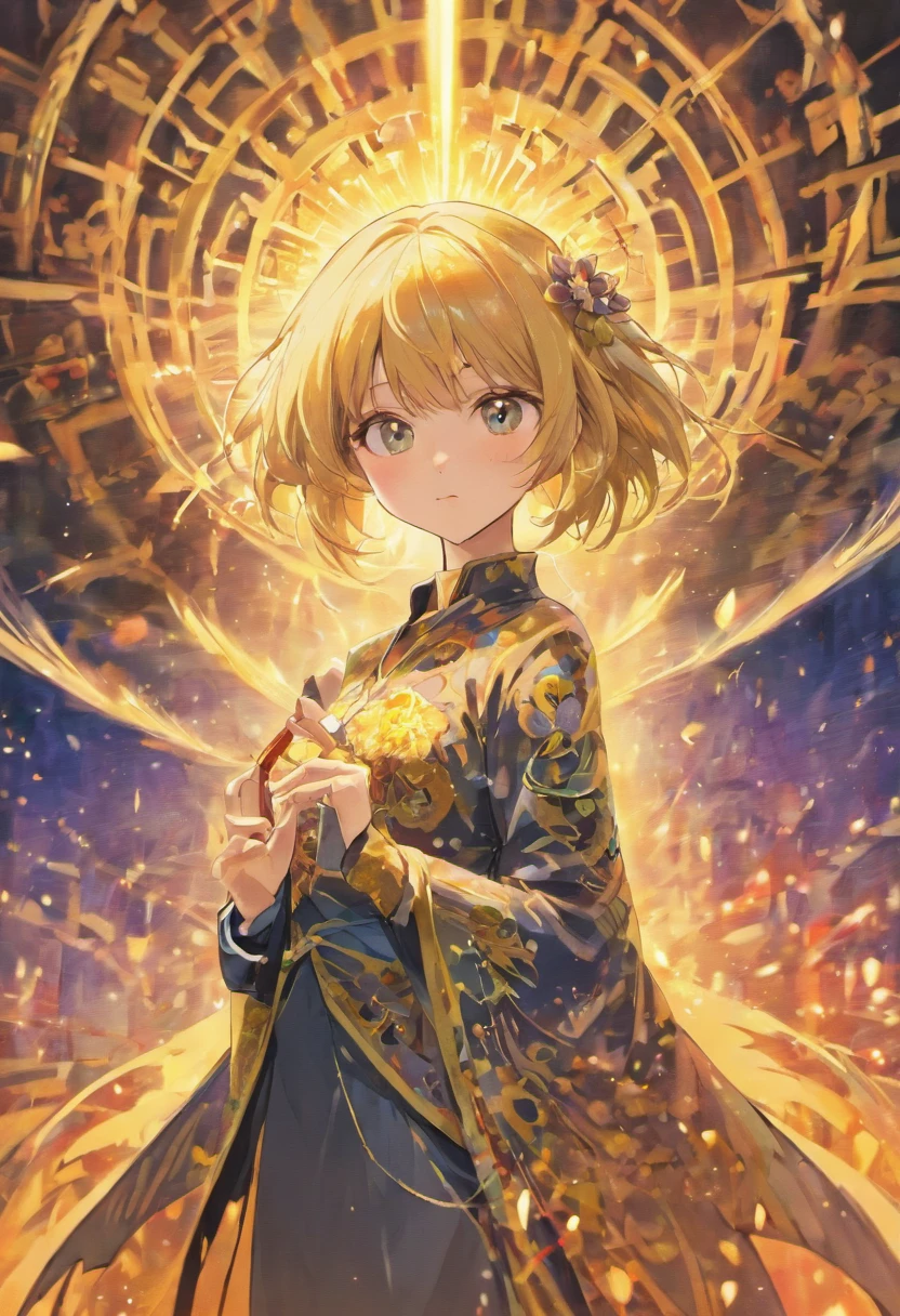 realistic, (masterpiece, top quality, best quality, official art, beautiful and aesthetic:1.2), extremely detailed,fractal art,colorful,highest detailed,zentangle,(abstract background:1.3) solo mature female , tall well build girl, (golden phoenix), blonde hair, bright eyes,hair slicked back, short hair, black robe,
