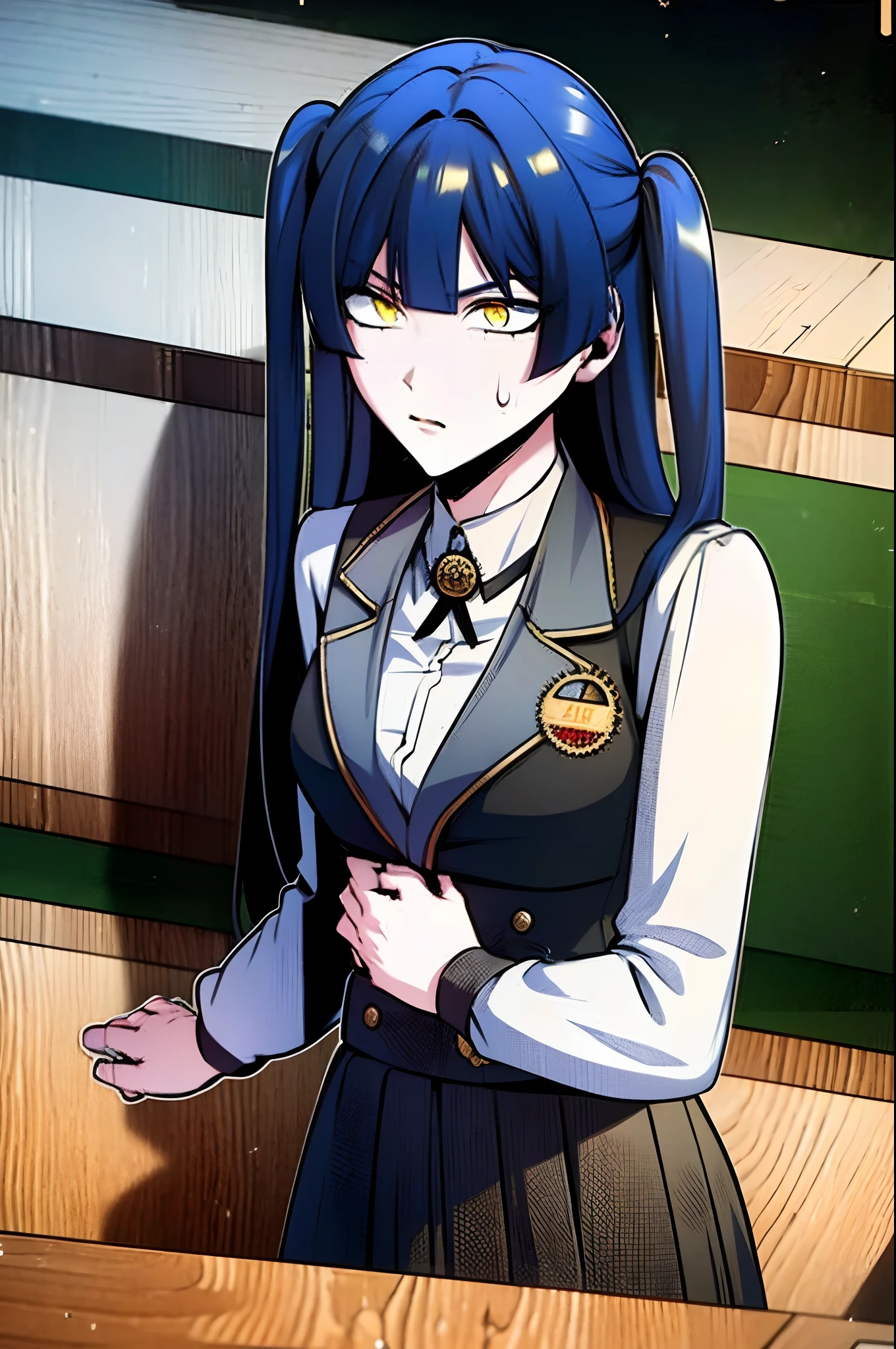 blue hair, yellow eyes, twintails, school uniform, shirt, very long skirt, suit