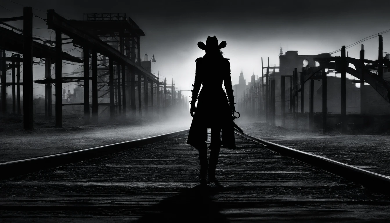 silhouette of cowgirl woman, full body, from behind, dramatic lights, black and white, realistic photography, cowgirl outfit, city background