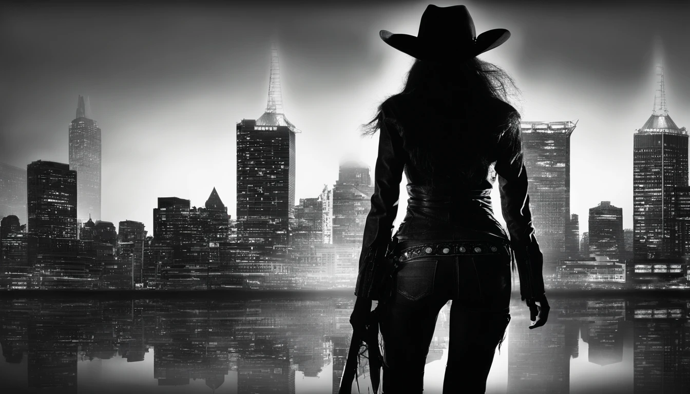 silhouette of cowgirl woman, full body, from behind, dramatic lights, black and white, realistic photography, cowgirl outfit, city background
