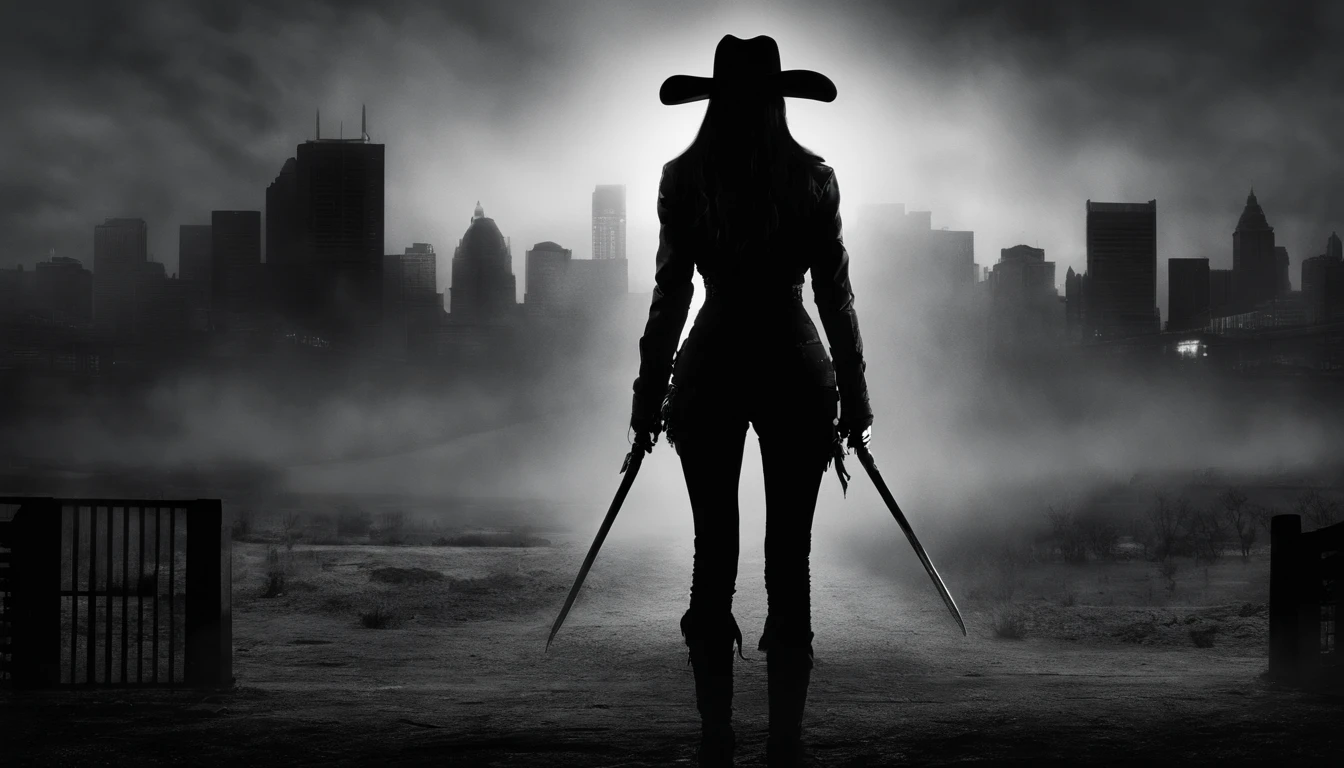 silhouette of cowgirl woman, full body, from behind, dramatic lights, black and white, realistic photography, cowgirl outfit, city background