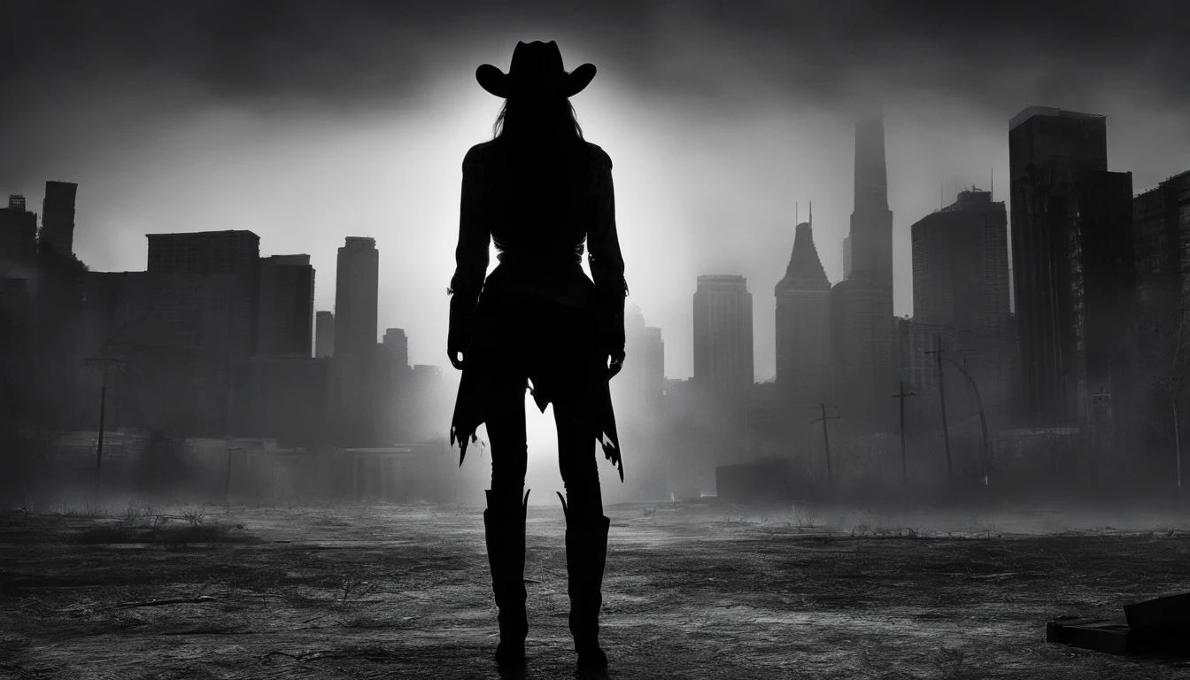 silhouette of cowgirl woman, full body, from behind, dramatic lights, black and white, realistic photography, cowgirl outfit, city background
