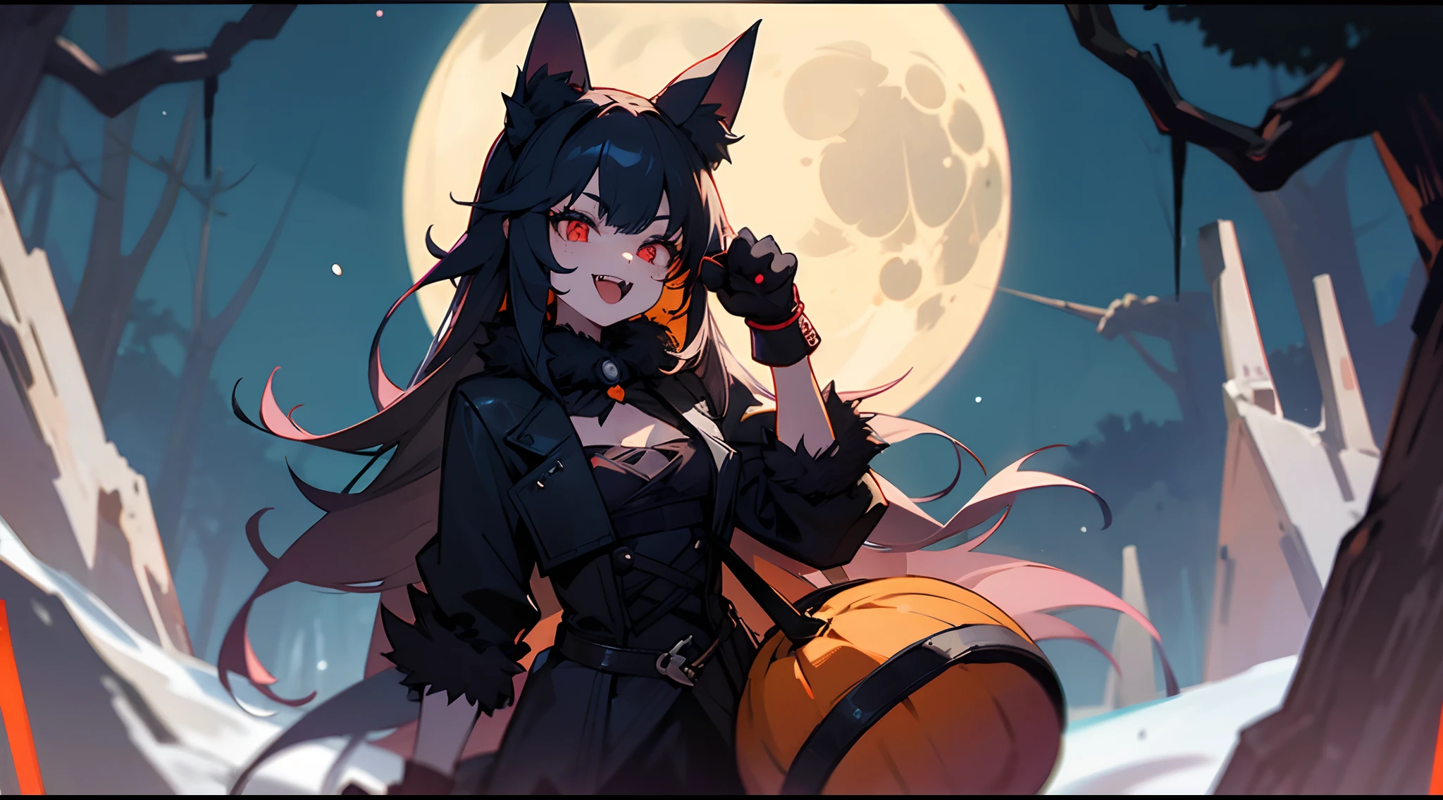 1girl, (werewolf costume), fake animal ears, fangs, paw gloves, halloween, outdoors, dark forest, ((moon))