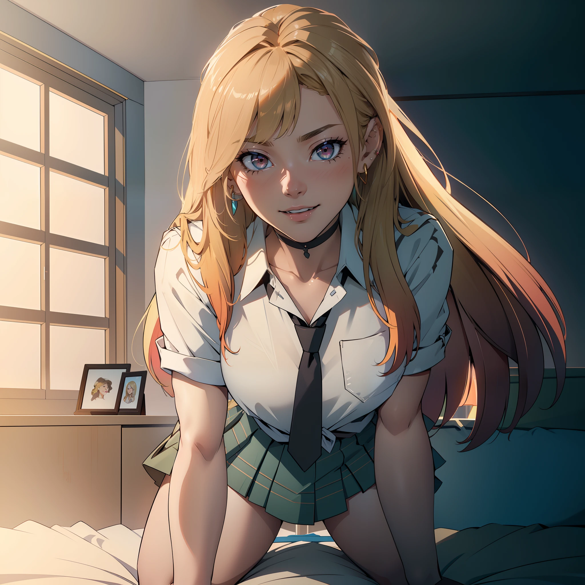 Hyper realistic super detailed sexy woman, Une fille confiante, NSFW (en anglais seulement), Very detailed, expressions faciales sexy, seductive facial expressions, [:(Face detail: 1.4): 0.4], 16K resolution, 4k resolution, dinamic lighting, High definition resolution, (sexy pose, Attractive position), (hyper realistic: 1.4), (back light: 1.2), (sun light: 1), (pleine hauteur: 1.8),(contrasting background: 1.5), (Anatomy of the hyperrealistic arm), (Hyperrealistic leg anatomy), (peau propre), (lighting cinematic: 1.7), (intime), (Technologie NVIDIA RTX Ray Tracing), (Anatomy of the hyperrealistic arm: 2), (Ventre plat parfait), (image couleur), masterpiece, best quality, highres, kitagawa marin, 1girl, blonde hair, long hair, multicolored hair, red eyes, jewelry, earrings, piercing, school uniform, white shirt, tied shirt, black choker, blue necktie, plaid skirt, grin, smile, standing, cowboy shot, outdoors,