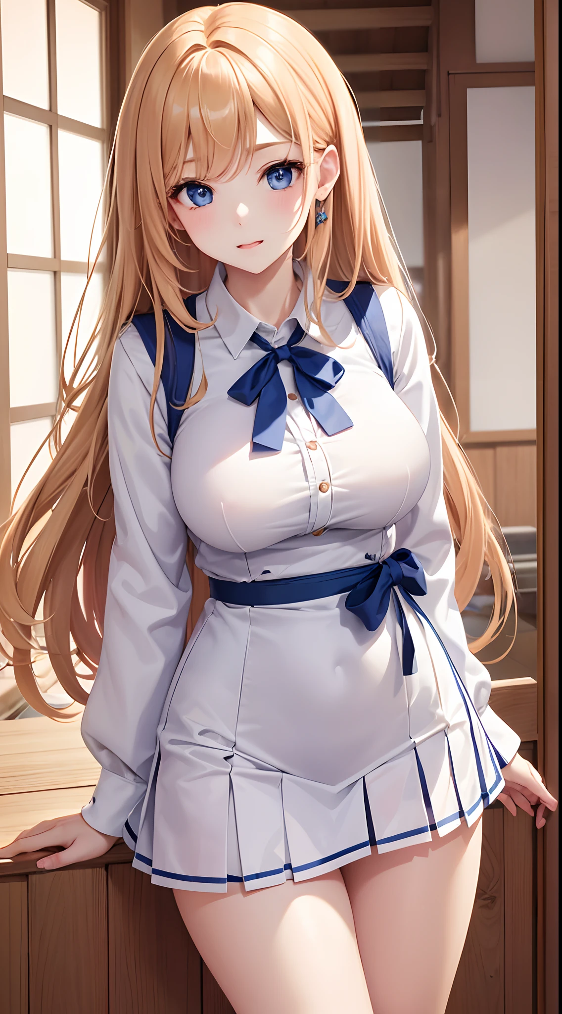 1 girl, beautiful, charming, cute, pale skin, double eyelid, long caramel colour hair, blue colour eyes, japanese school uniforms, perfect body figure, big breast, slim waist, closer look, photoshoot, class, lightly red cheeks