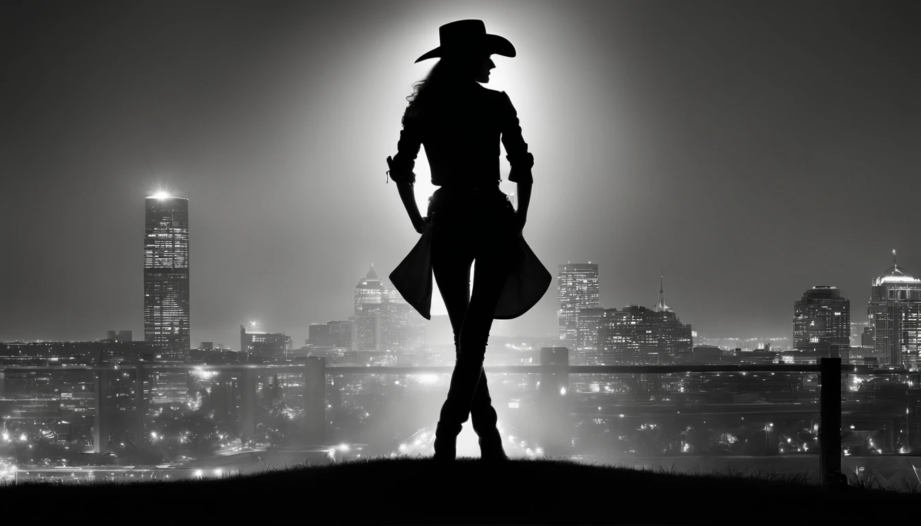 silhouette of cowgirl woman, full body, from behind, dramatic lights, black and white, realistic photography, cowgirl outfit, city background