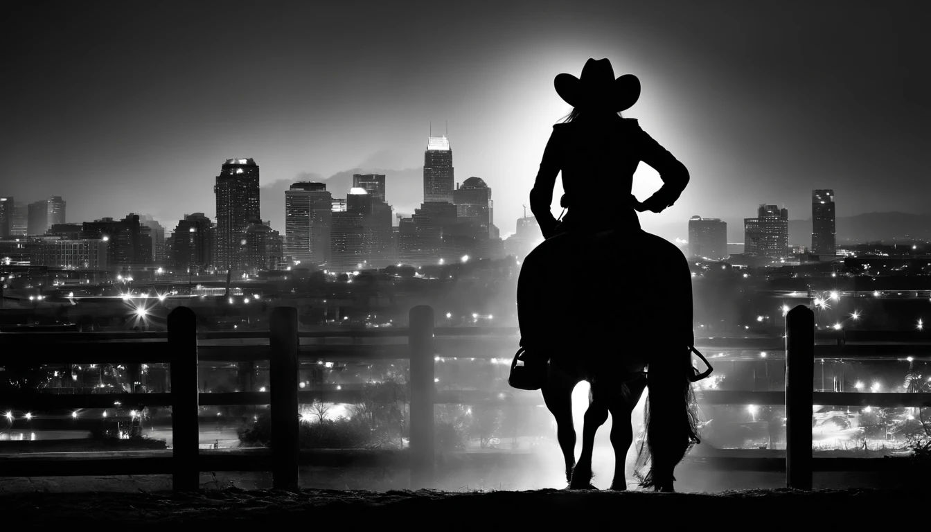 silhouette of cowgirl woman, full body, from behind, dramatic lights, black and white, realistic photography, cowgirl outfit, city background