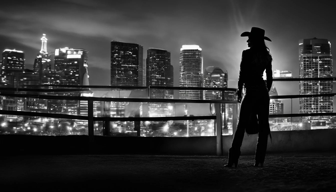 silhouette of cowgirl woman, full body, from behind, dramatic lights, black and white, realistic photography, cowgirl outfit, city background