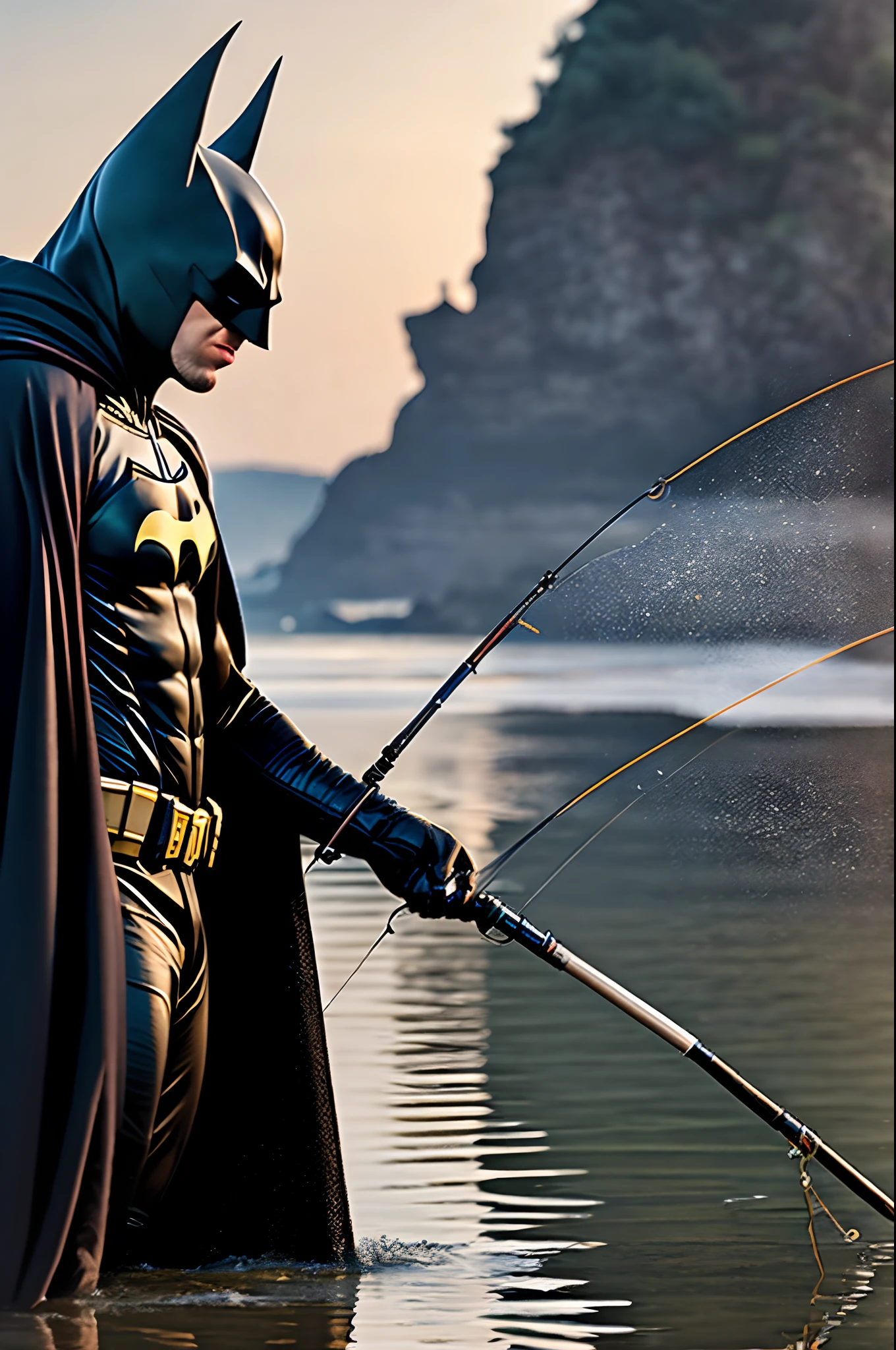 Batman in a black suit and black cloak on the shore of the oeka catches fish with a fishing rod, Cinematic photo, Maximum realism, 电影灯光, Highest Quality, higly detailed