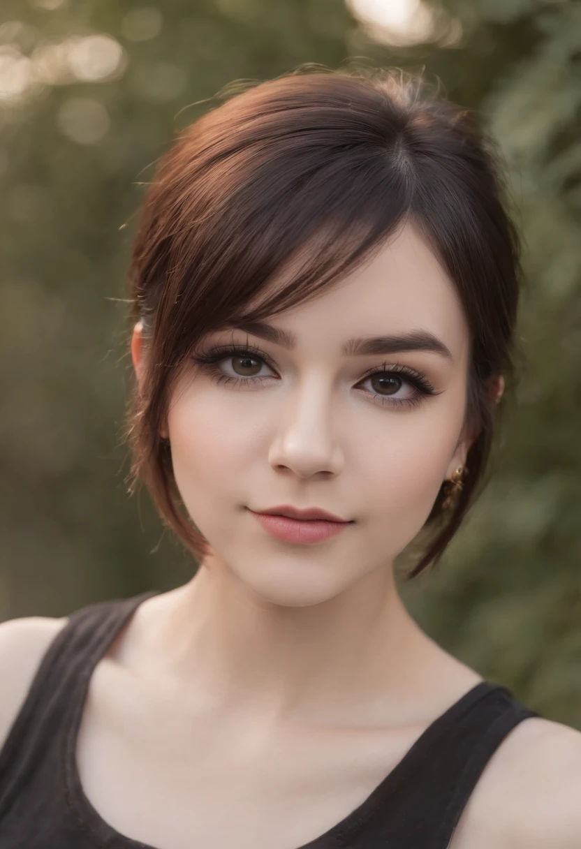 photo of emo girl, emo hairstyle, emo make up, black tank top, simple choker, happy face, perfect face, cute, hdr, professional photography
