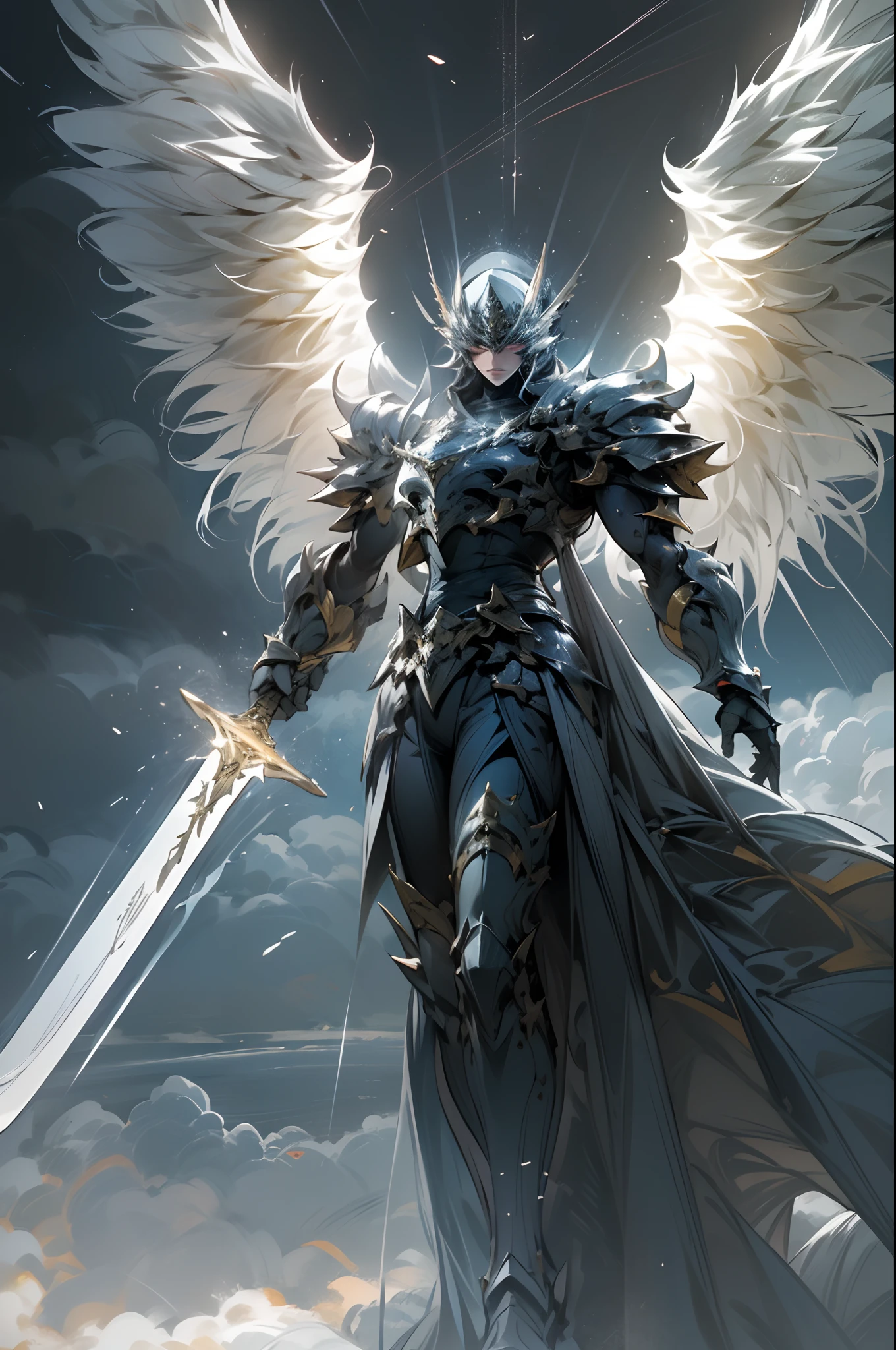 (4K, Cinematic Light Effects,) Sky, Mighty Angel (suspended in the air, three pairs of huge wings: 1.3), Armor, Great Sword, Battle Stance, Cloudy Sky, Sunlight Shining Through the Gap in the Clouds, Fog,